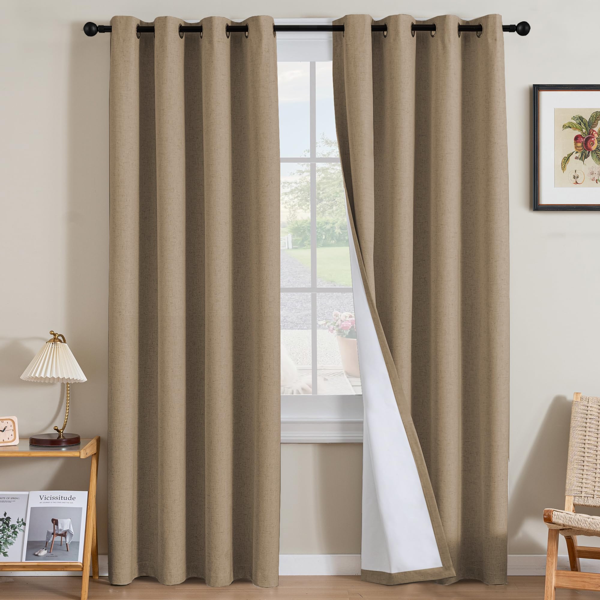 H.VERSAILTEX 100% Blackout Curtains Ivory, Linen Blackout Curtains 96 inch Curtains 2 Panel Set, Elegant Curtain for Bedroom Grommet Drapes for Living Room