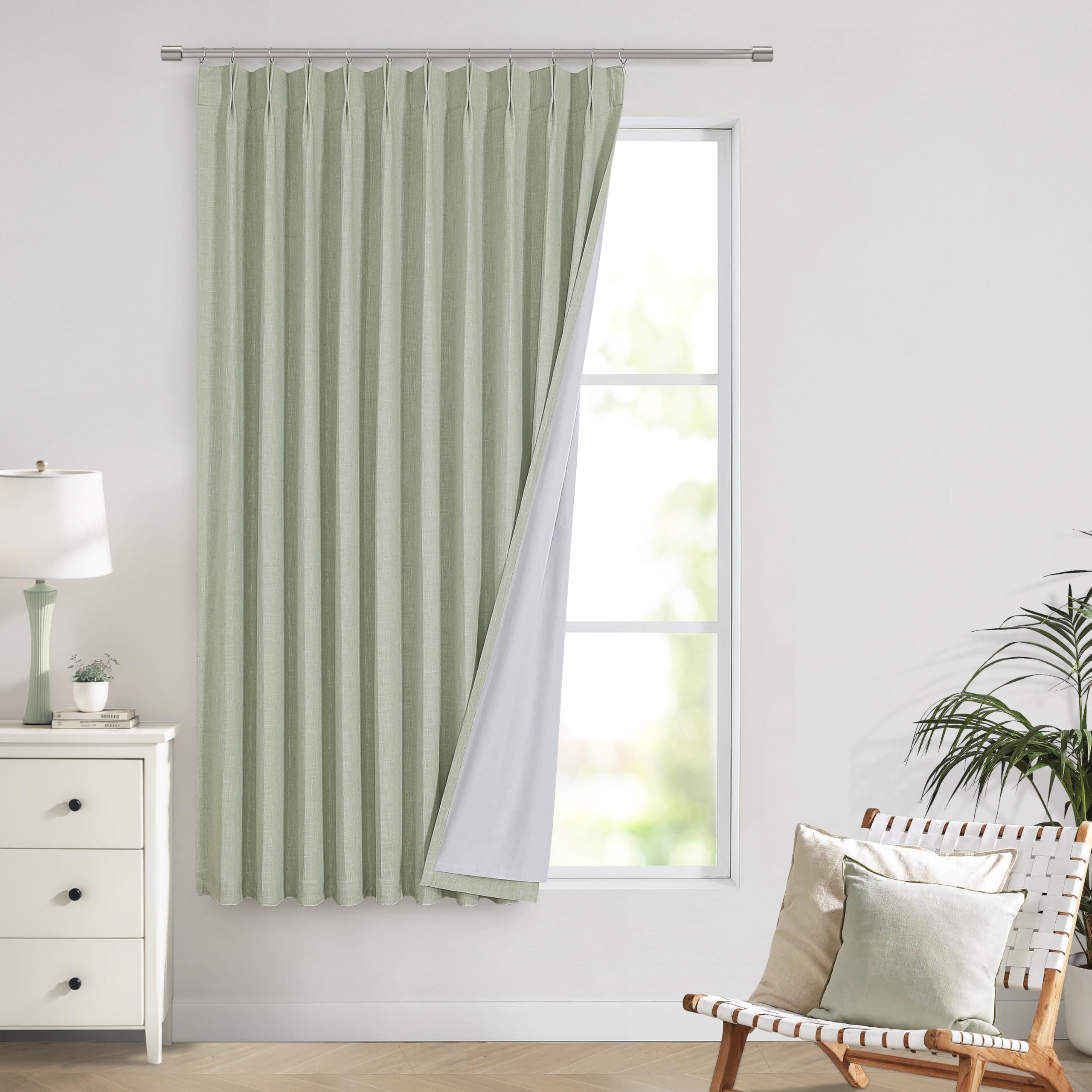 Vision Home Natural Pinch Pleated Full Blackout Curtains Linen Blended Room Darkening Window Curtains 90 inch for Living Room Bedroom Thermal Insulated Pinch Pleat Drapes with Hooks 2 Panel 40"Wx90"L