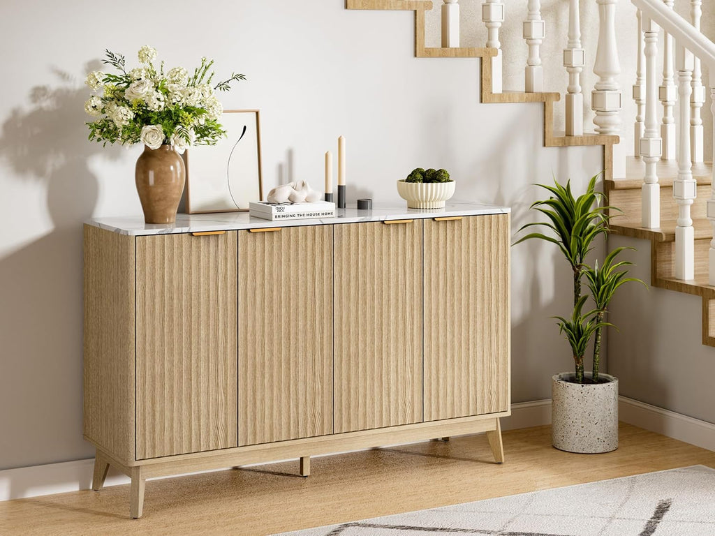 Sideboard Cabinet, 55'' Buffet Cabinet with Faux Marble Top & Adjustable Shelf, Modern Fluted Storage Cabinet, Accent Credenza Sideboard for Kitchen, Living Room, Entryway