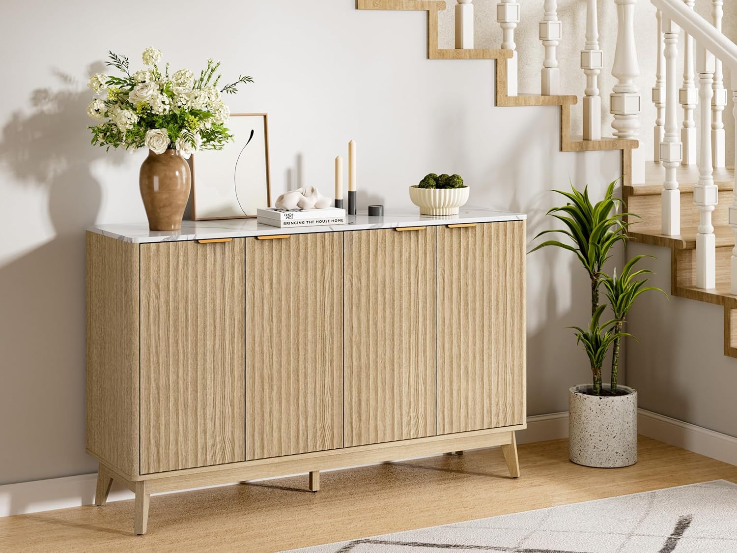 Sideboard Cabinet, 55'' Buffet Cabinet with Faux Marble Top & Adjustable Shelf, Modern Fluted Storage Cabinet, Accent Credenza Sideboard for Kitchen, Living Room, Entryway