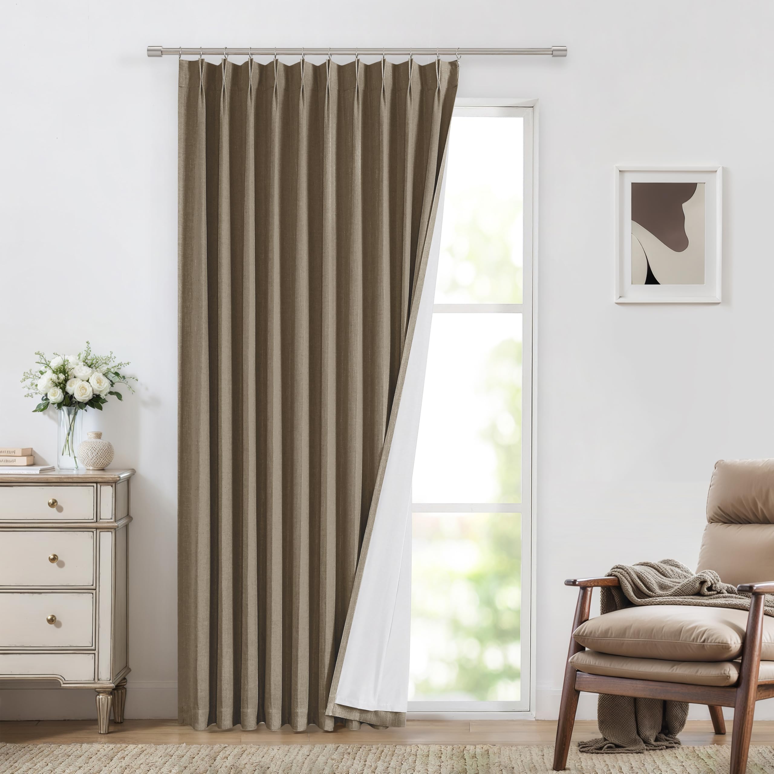 Vision Home Natural Pinch Pleated Full Blackout Curtains Linen Blended Room Darkening Window Curtains 90 inch for Living Room Bedroom Thermal Insulated Pinch Pleat Drapes with Hooks 2 Panel 40"Wx90"L