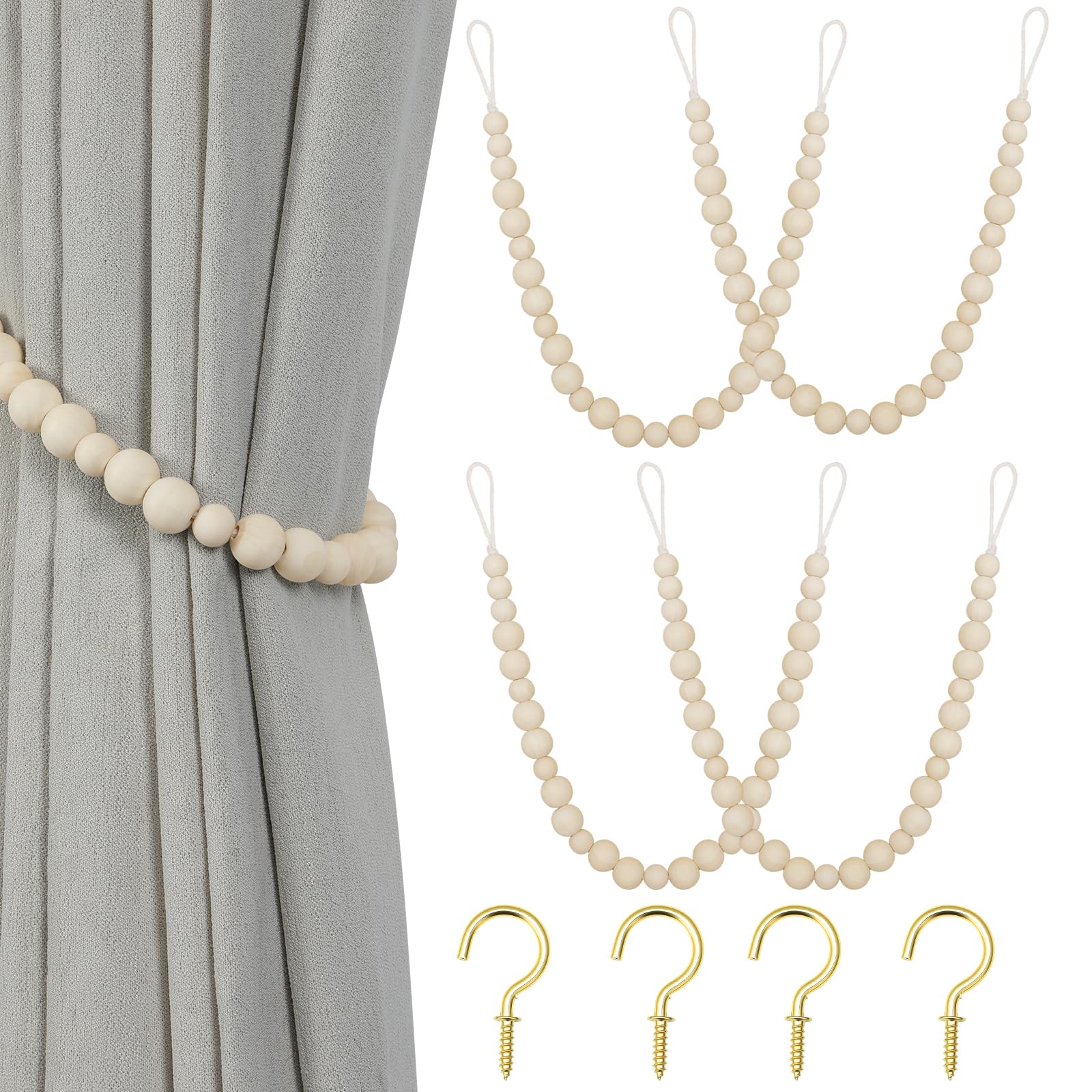 Wood Bead Curtain Tiebacks, KLOGTSIND Set of 2 Curtain Holdbacks for Thin or Thick Window Draperies, Boho Farmhouse Curtain Tiebacks with Hooks, Curtain Tie Backs for Home Office Room Decor