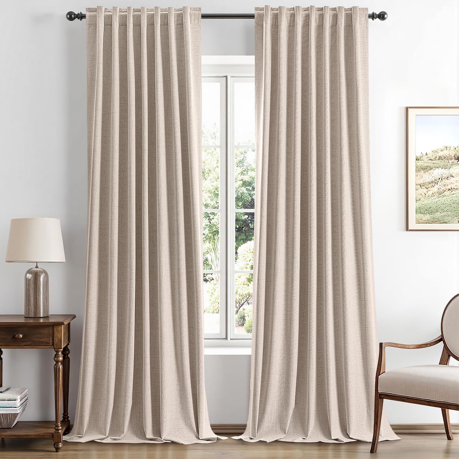 MIULEE 100% Blackout Linen Curtains for Bedroom, Ivory Solid Luxury Decor Thermal Insulation Room Darkening Drapes for Living Room Nursery Back Tab Rod Pocket 42 x 84 Inches, 2 Panels