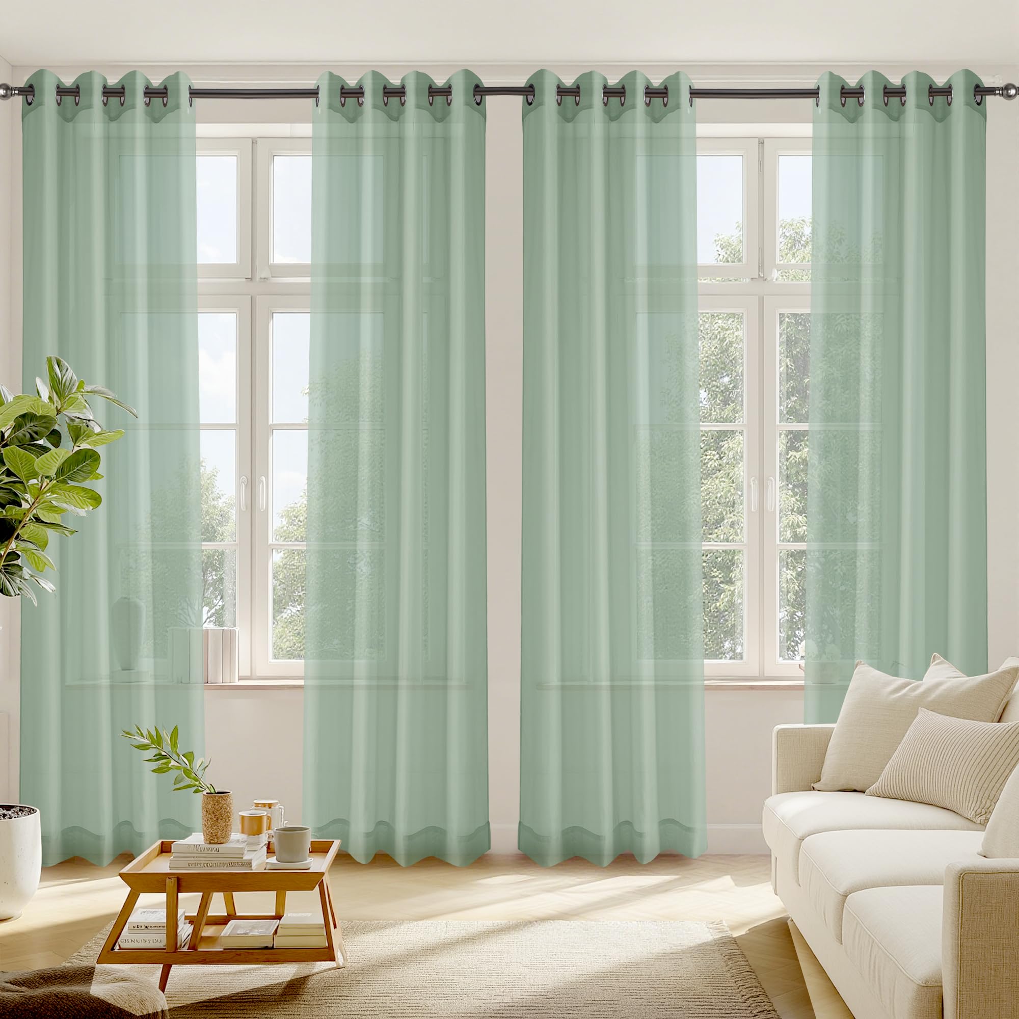 RYB HOME White Sheer Curtains 96 inches Long 4 Panels Set for Living Room, Light Filtering Voile Window Drapes with Grommet for Bedroom, W 54" x L 96"