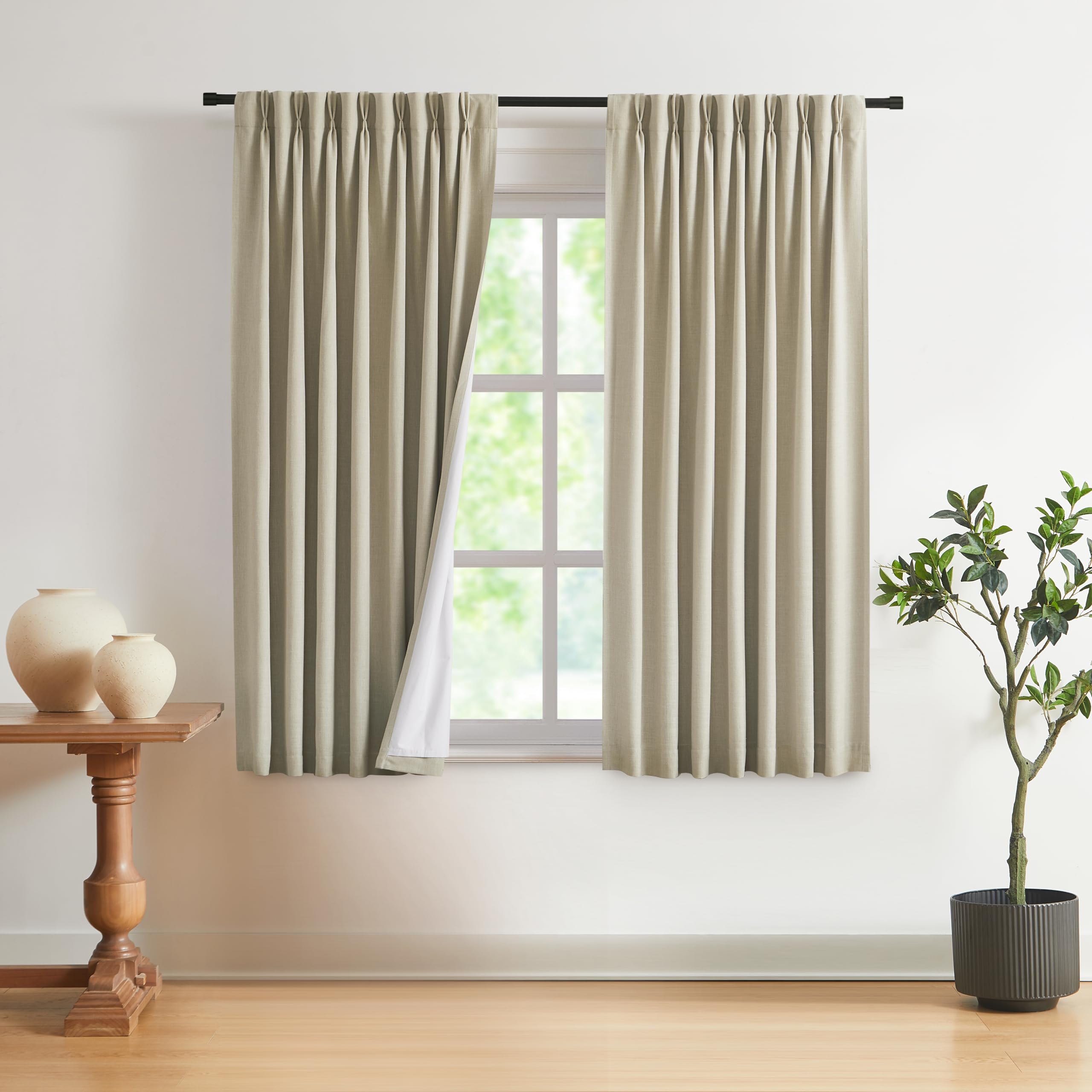 Vision Home Natural Pinch Pleated Full Blackout Curtains Linen Blended Room Darkening Window Curtains 90 inch for Living Room Bedroom Thermal Insulated Pinch Pleat Drapes with Hooks 2 Panel 40"Wx90"L