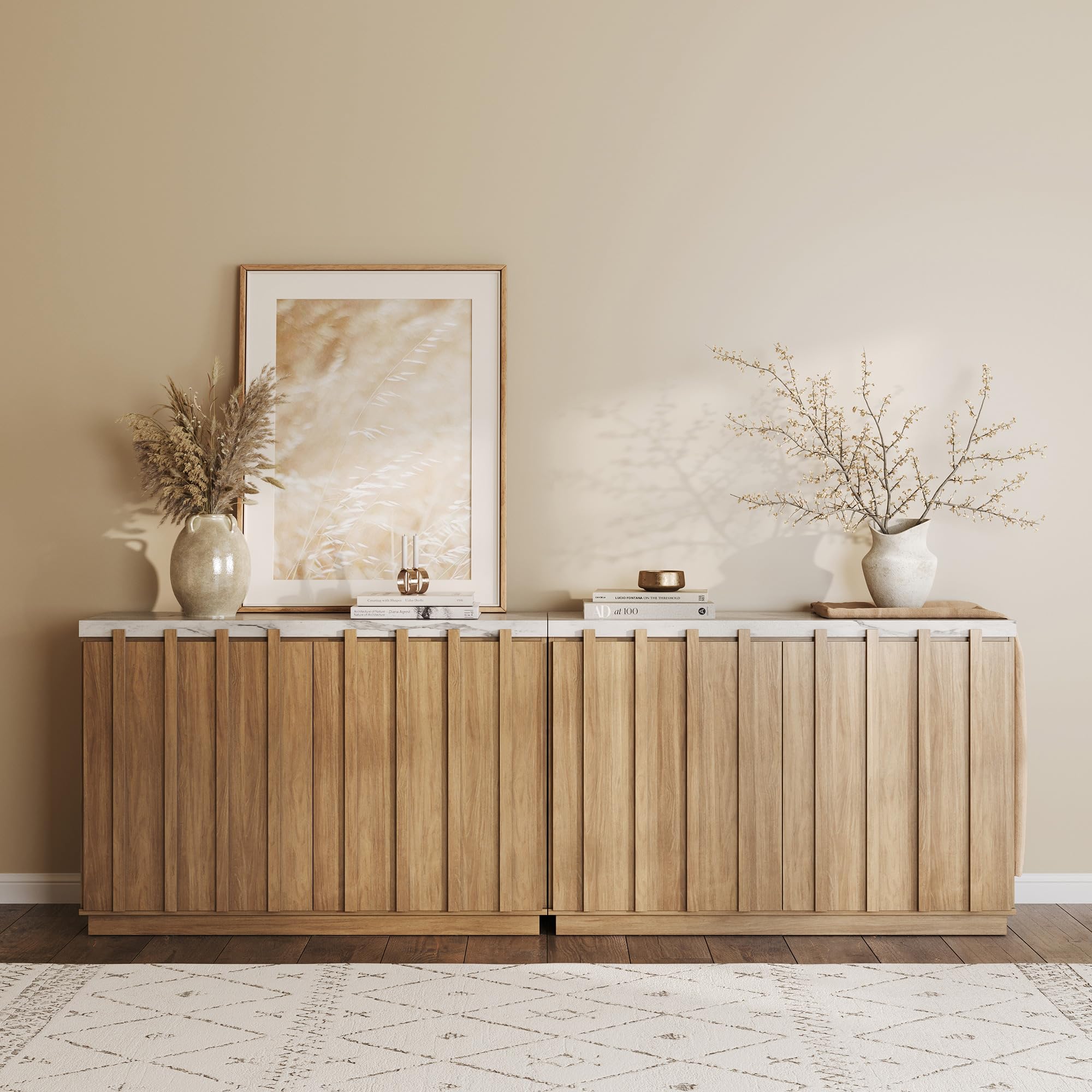 Camel 47" Fluted Buffet Cabinet with Faux Marble Top