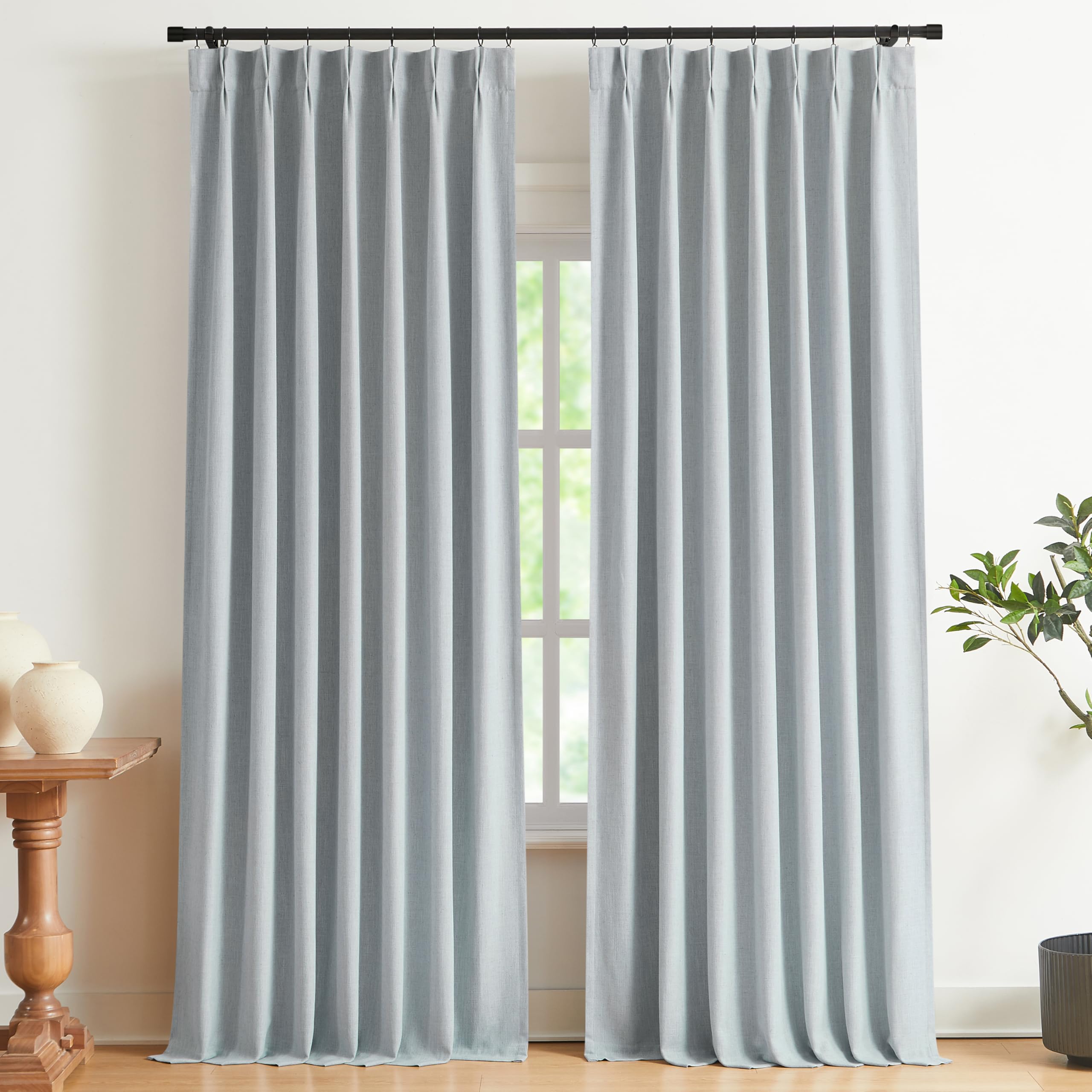 Vision Home Natural Pinch Pleated Full Blackout Curtains Linen Blended Room Darkening Window Curtains 90 inch for Living Room Bedroom Thermal Insulated Pinch Pleat Drapes with Hooks 2 Panel 40"Wx90"L