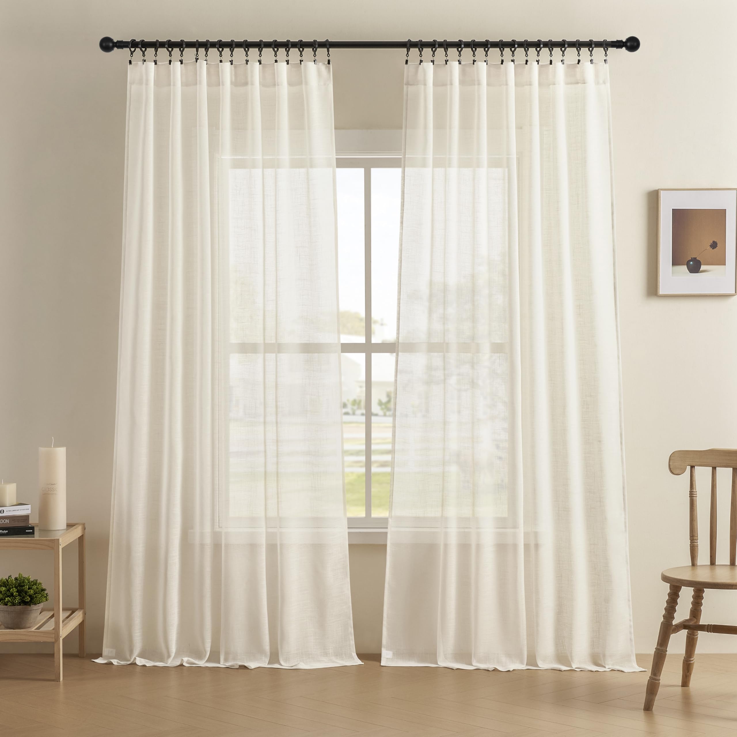 Joydeco Curtains, 108 Inches Long, 2 Panels Set, Farmhouse Drapes for Living Room, Semi-Blackout, Linen-Polyester, Ivory on Linen, Rod Pocket