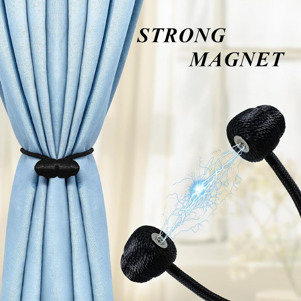 Tifanso Black Magnetic Curtain Tiebacks - 4pcs Decorative Curtain Tie Backs, No Drill Closure Drapery Tiebacks Holdbacks, Boho Drapes Straps Ropes for Bedroom, Bathroom, Farmhouse Decor