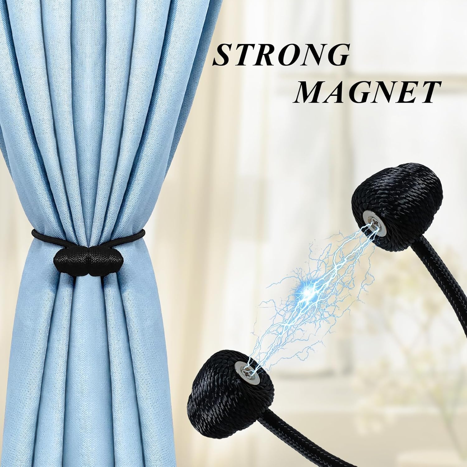 Tifanso Black Magnetic Curtain Tiebacks - 4pcs Decorative Curtain Tie Backs, No Drill Closure Drapery Tiebacks Holdbacks, Boho Drapes Straps Ropes for Bedroom, Bathroom, Farmhouse Decor