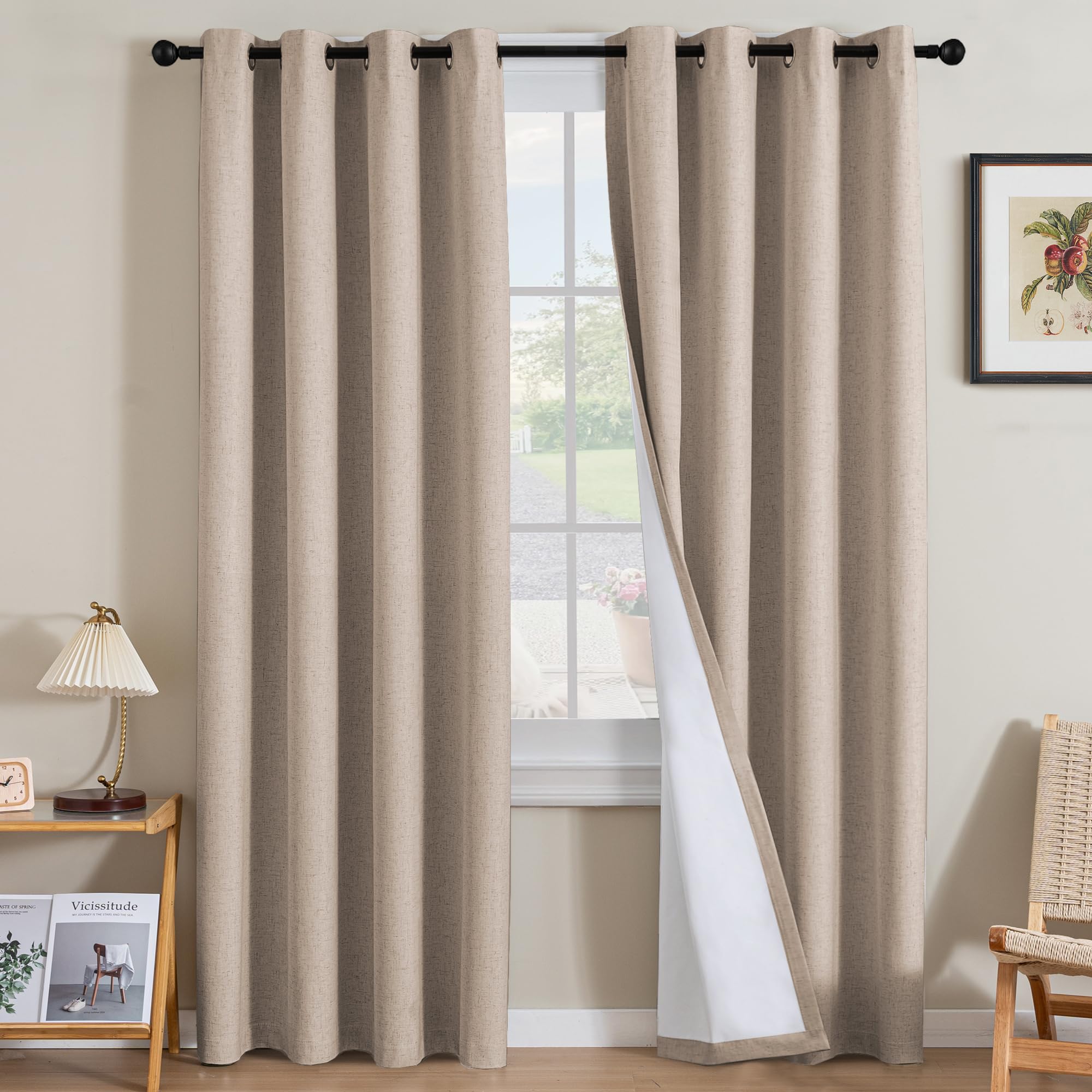 H.VERSAILTEX 100% Blackout Curtains Ivory, Linen Blackout Curtains 96 inch Curtains 2 Panel Set, Elegant Curtain for Bedroom Grommet Drapes for Living Room