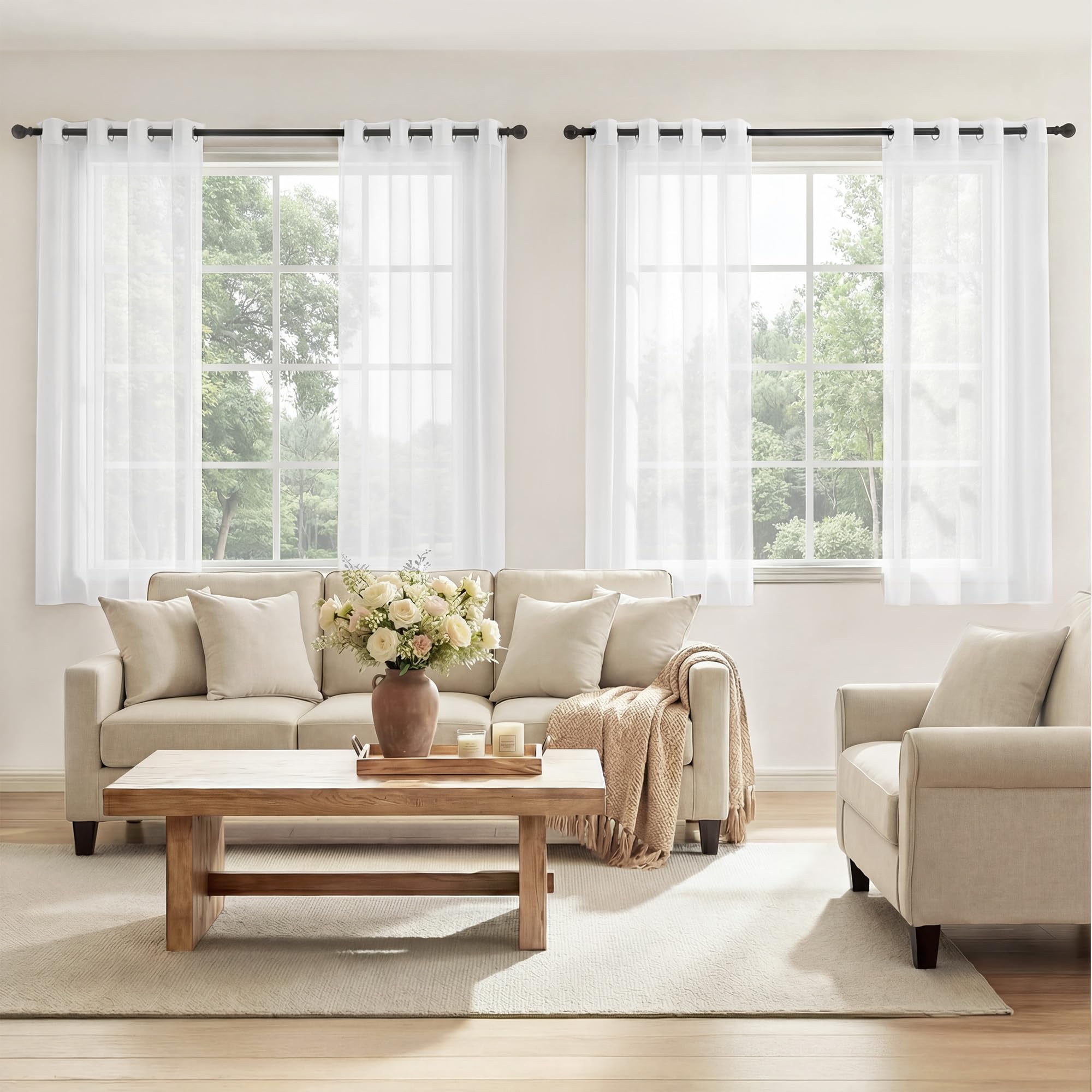 RYB HOME White Sheer Curtains 96 inches Long 4 Panels Set for Living Room, Light Filtering Voile Window Drapes with Grommet for Bedroom, W 54" x L 96"