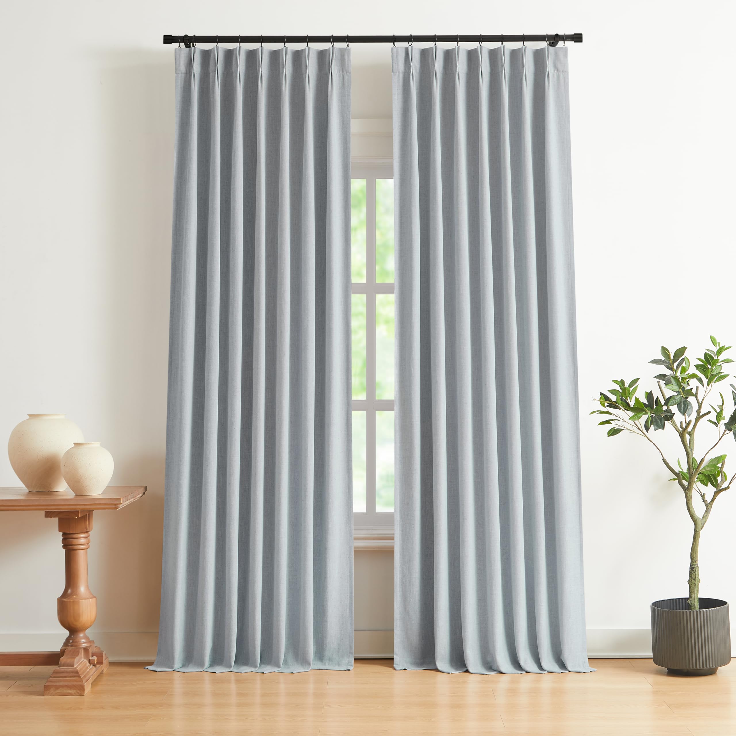 Vision Home Natural Pinch Pleated Full Blackout Curtains Linen Blended Room Darkening Window Curtains 90 inch for Living Room Bedroom Thermal Insulated Pinch Pleat Drapes with Hooks 2 Panel 40"Wx90"L