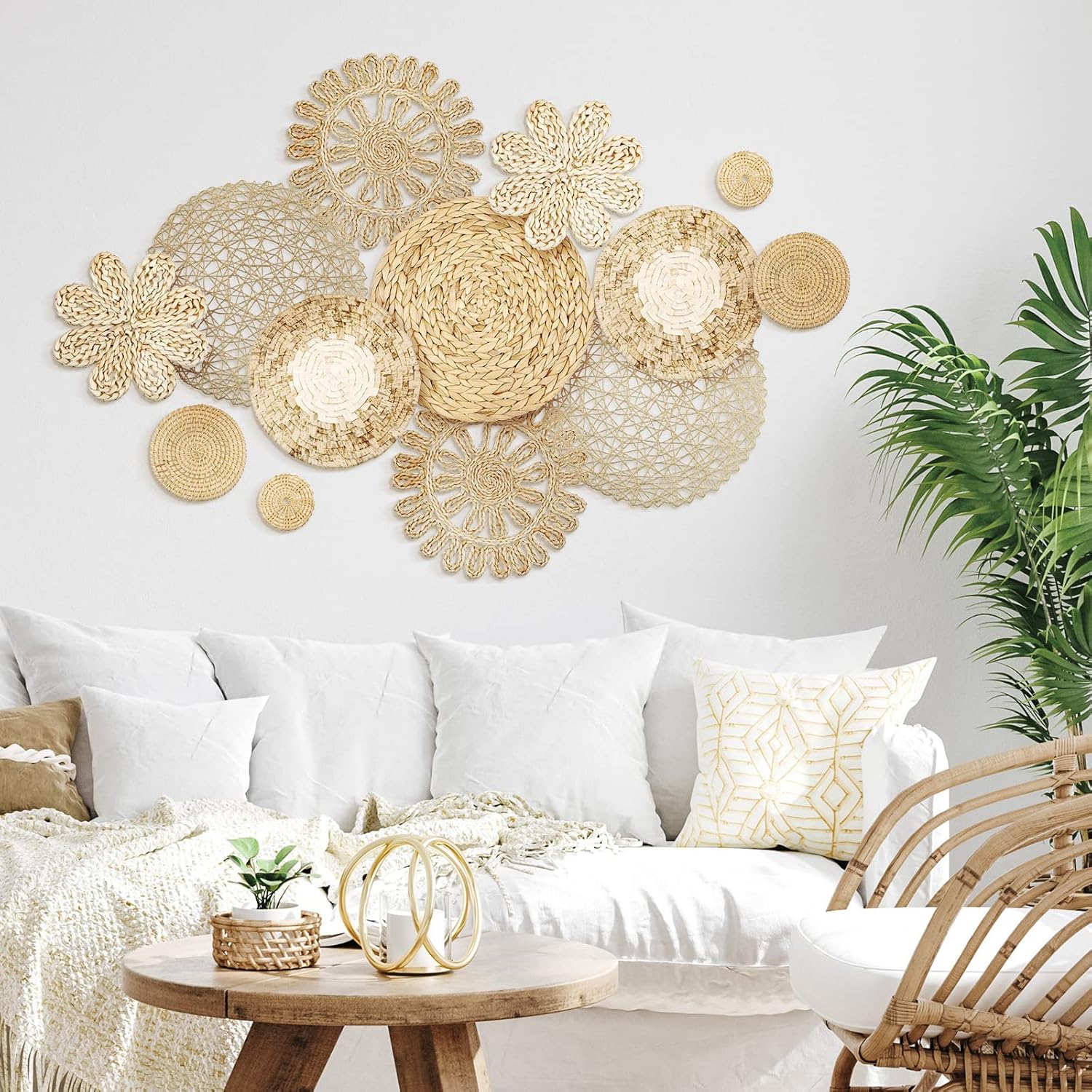 Glenmal Set of 13 Boho Wall Basket Decor Woven Rattan Flat Baskets Handmade Boho Wicker Bamboo Seagrass Wall Hanging Decor for Bedroom Living Room Dining Room Office Ready to Hang(Plain)
