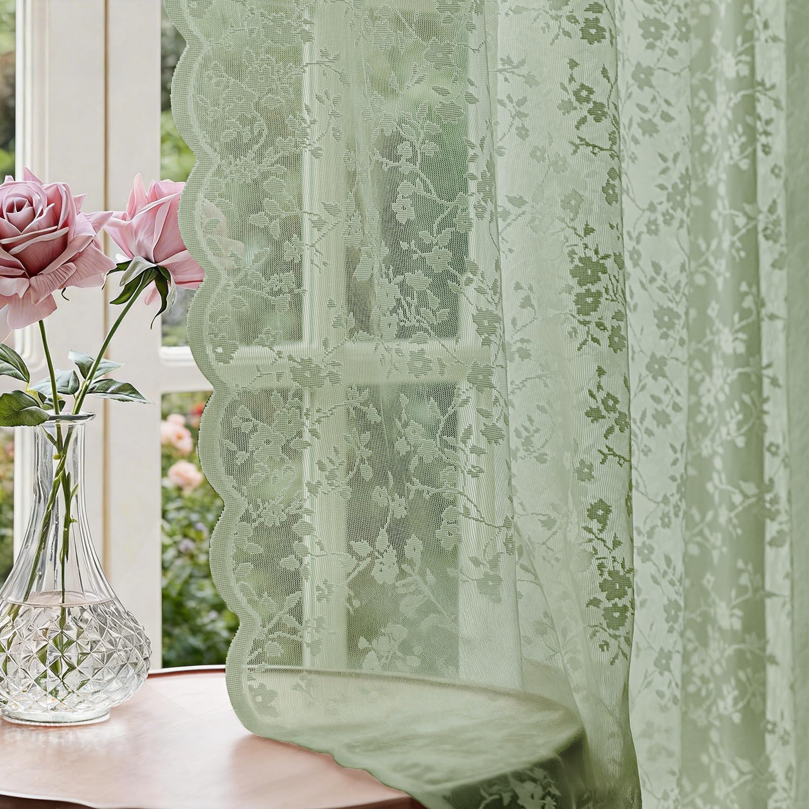 Anmao Vintage Lace Sheer Curtains 96 Inches Long - Romantic Floral Semi-Sheer Voile Panels for Living Room & Bedroom, Rod Pocket Light Filtering Drapes, Set of 2 Panels (52" W x 96" L), White