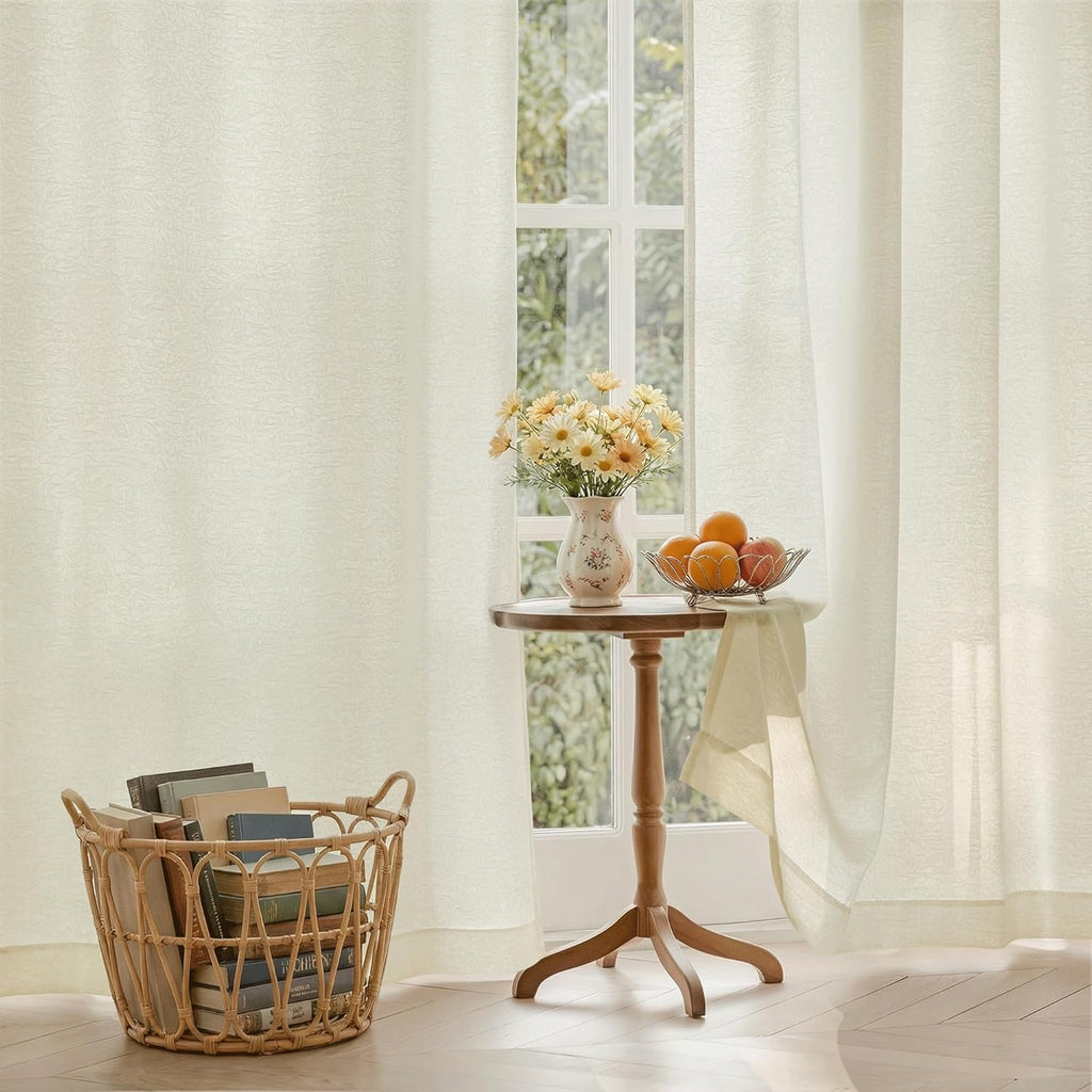 Beauoop Beige Semi Sheer Curtains 84 Inches Long for Living Room, Floral Jacquard Voile Light Filtering Privacy Curtains for Bedroom Dining Room Flower Textured Rod Pocket Window Drapes, 2 Panels
