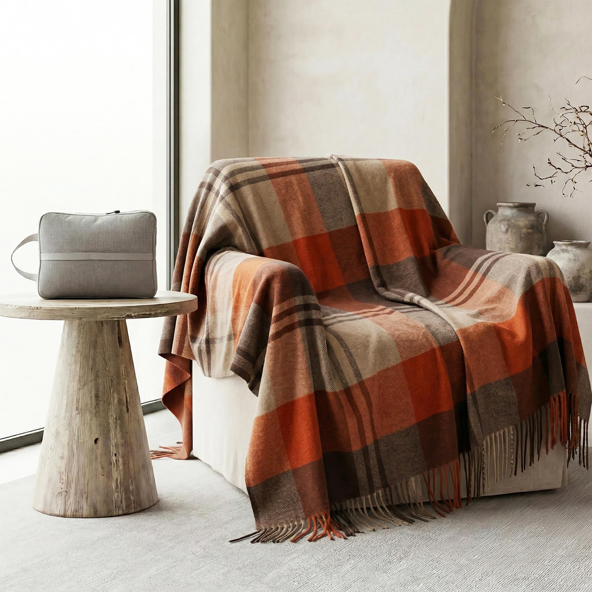 Soft Pure Wool Throw Blanket, Lightweight Warmth, 55"x83", Plaid, Fringe, Compact with Bag, Useful Gift for Women Men, All Season Decorative Cozy Travel Blanket for Couch Bed, Outdoors
