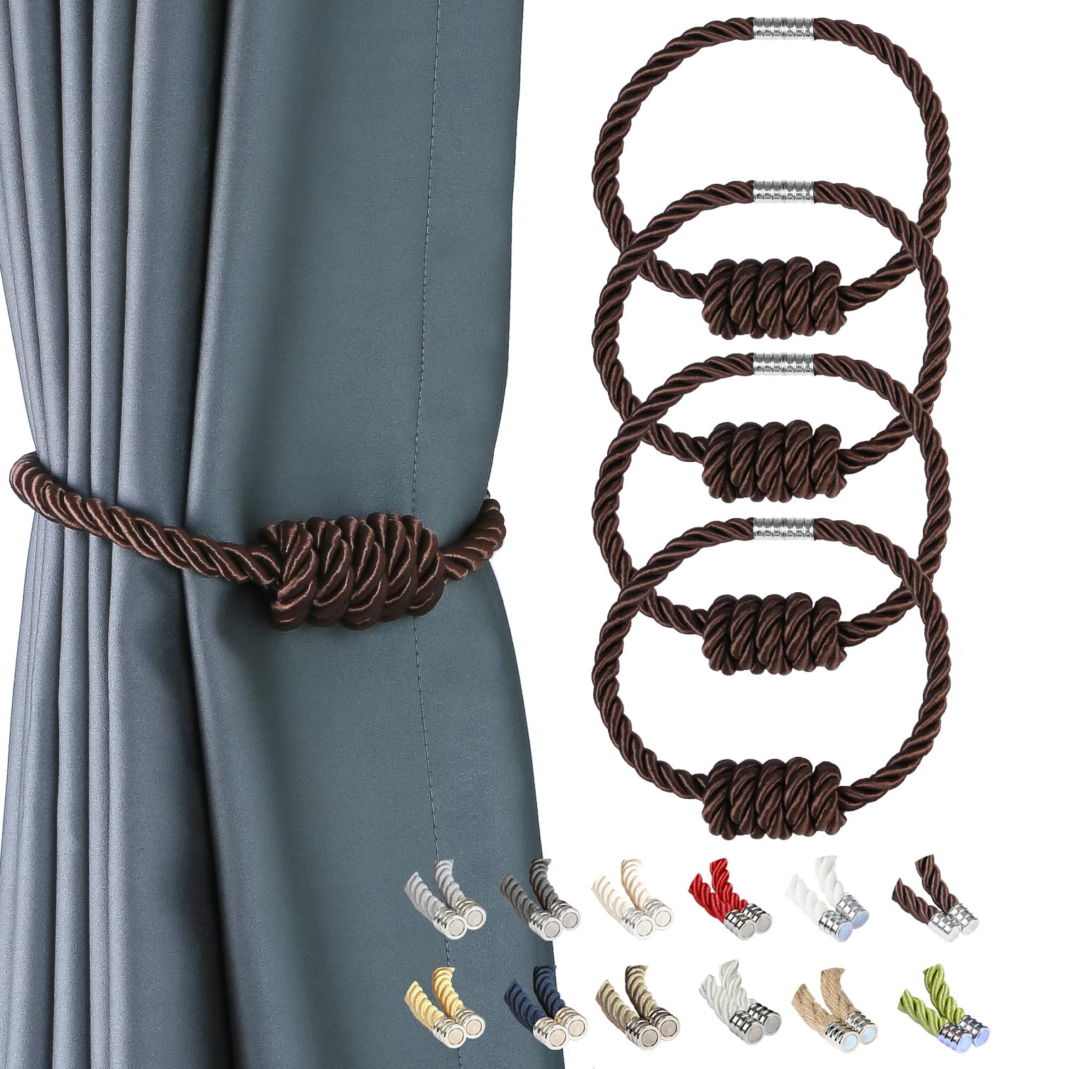 BEL AVENIR Magnetic Jute Curtain Tiebacks, Decorative Drapery Holdbacks Bohemian Style Woven Tie-Backs with Exquisite Knot (Jute, 2 Pack)