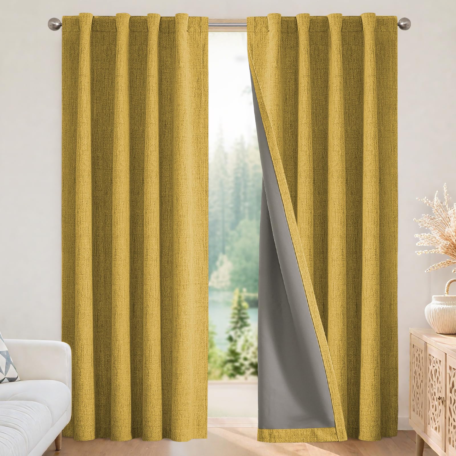 Joydeco Blackout Curtains for Bedroom - Nature Linen 84 Inch Long 100% Light Blocking 2 Panels Set, Rod Pocket & Back Tabs Living Room Drapes, Thermal Insulated Room Darkening Window Curtains