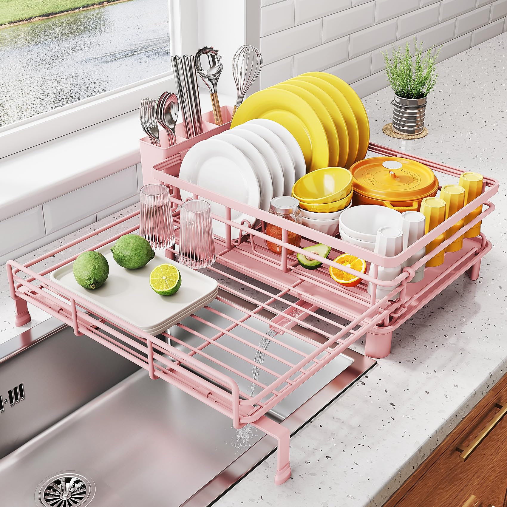 SNTD Dish Drying Rack - Extendable Dish Rack, Large Sink Drying Dish Drainer for Kitchen Counter, Stainless Steel Dish Strainer with Utensil Holder (Black)