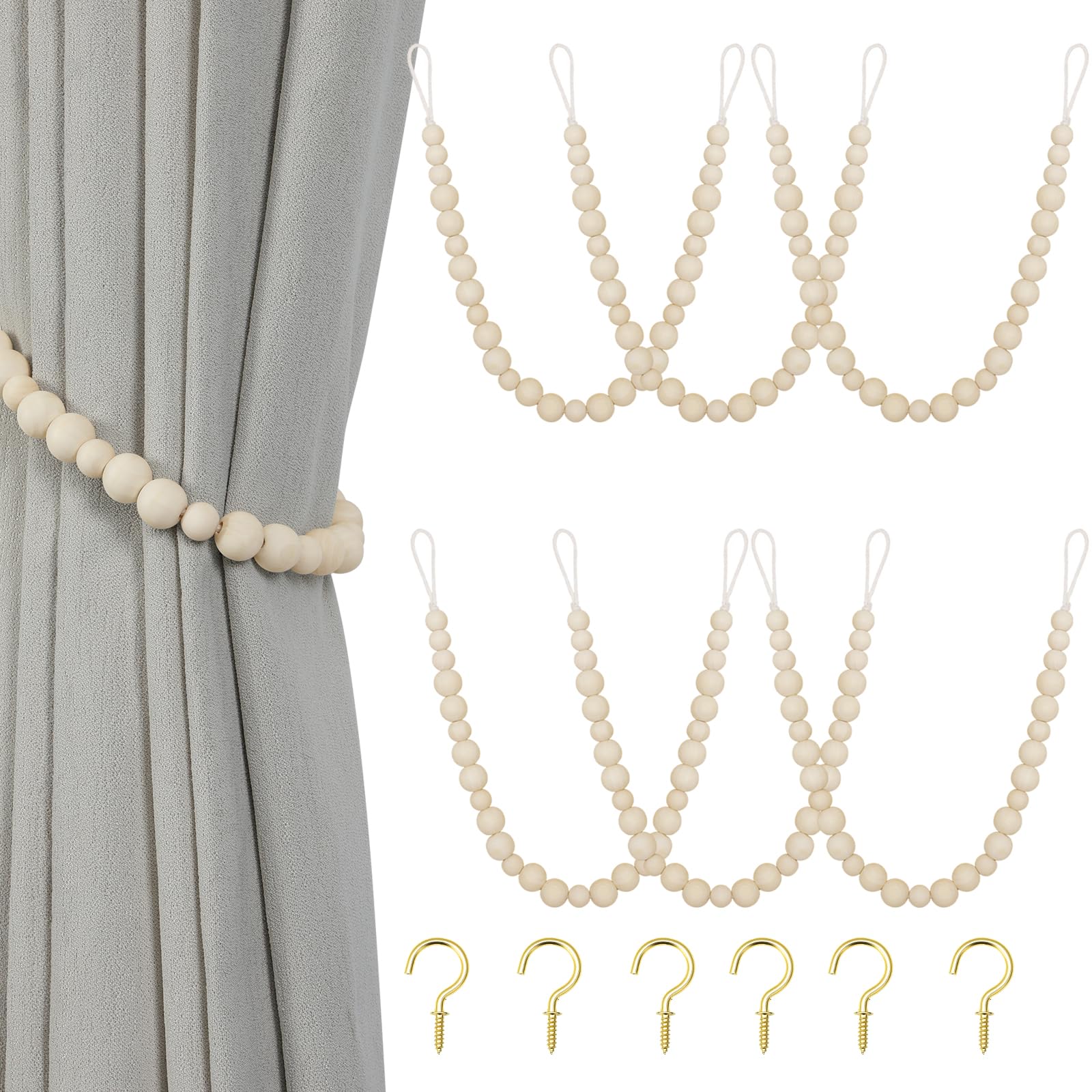 Wood Bead Curtain Tiebacks, KLOGTSIND Set of 2 Curtain Holdbacks for Thin or Thick Window Draperies, Boho Farmhouse Curtain Tiebacks with Hooks, Curtain Tie Backs for Home Office Room Decor