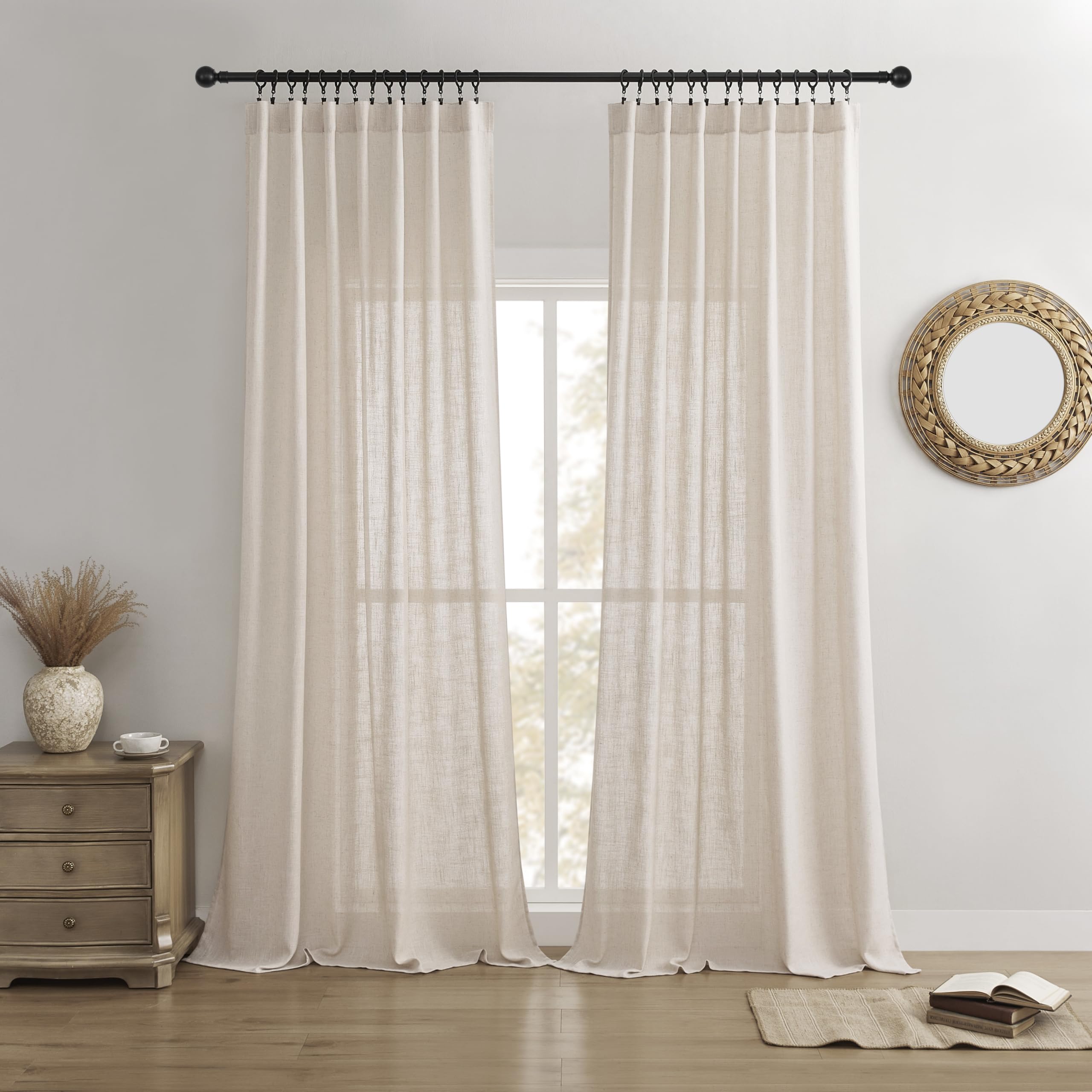 Joydeco Curtains, 108 Inches Long, 2 Panels Set, Farmhouse Drapes for Living Room, Semi-Blackout, Linen-Polyester, Ivory on Linen, Rod Pocket