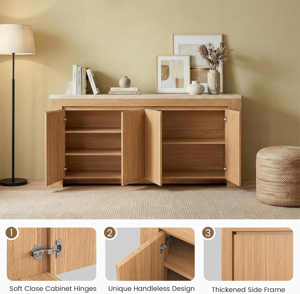 Buffet Cabinet with Storage, 63" Sideboard Buffet Accent Cabinet with Faux Marble Top & 4 Doors, Modern Buffet Table Credenza Cabinets for Living Room, Dining Room, Kitchen（Natural Oak）