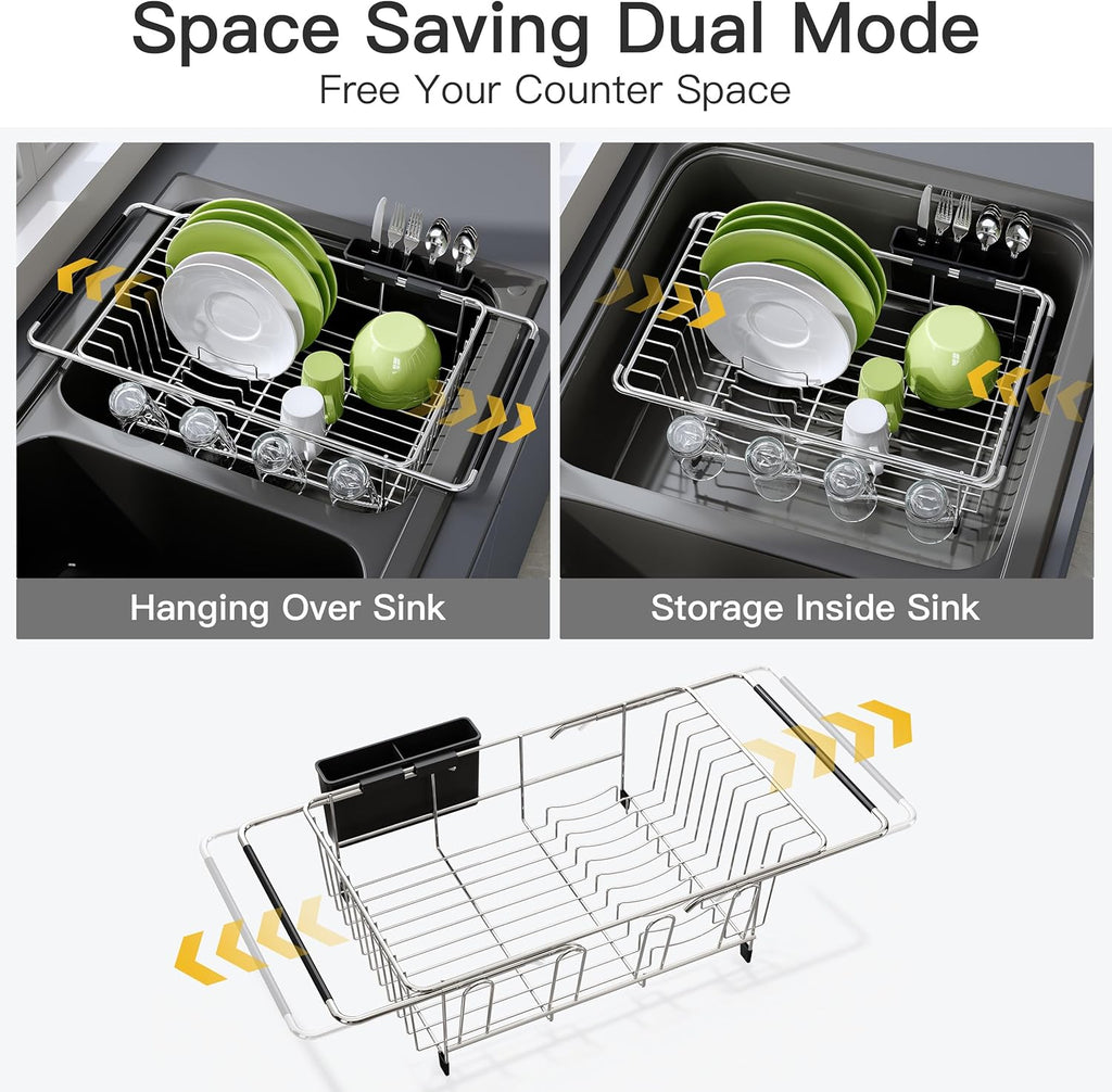 JASIWAY Dish Drying Rack in Sink, Expandable Stainless Steel Dish Drainers for Kitchen Counter, Dish Dryer Rack for Inside Sink, Over The Sink Dish Racks with Utensil Holder, Silver