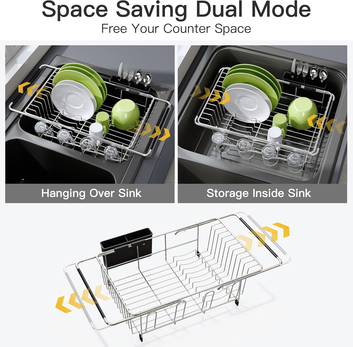 JASIWAY Dish Drying Rack in Sink, Expandable Stainless Steel Dish Drainers for Kitchen Counter, Dish Dryer Rack for Inside Sink, Over The Sink Dish Racks with Utensil Holder, Silver