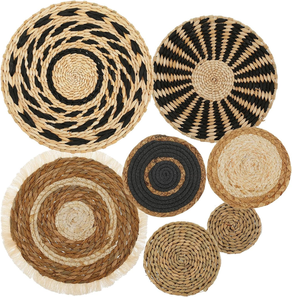 7 Pack Boho Wall Basket Decor,Seagrass Rattan Wicker Boho Wall Decor,Hanging Woven Wall Basket Decor,Round Flat Seagrass Baskets Wall Art, Round Wall Art for Farmhouse Bedroom Living Room Display