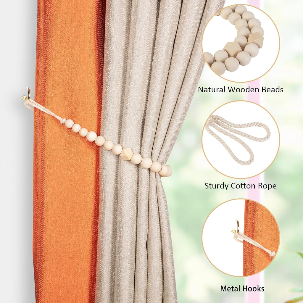 Wood Bead Curtain Tiebacks, KLOGTSIND Set of 2 Curtain Holdbacks for Thin or Thick Window Draperies, Boho Farmhouse Curtain Tiebacks with Hooks, Curtain Tie Backs for Home Office Room Decor