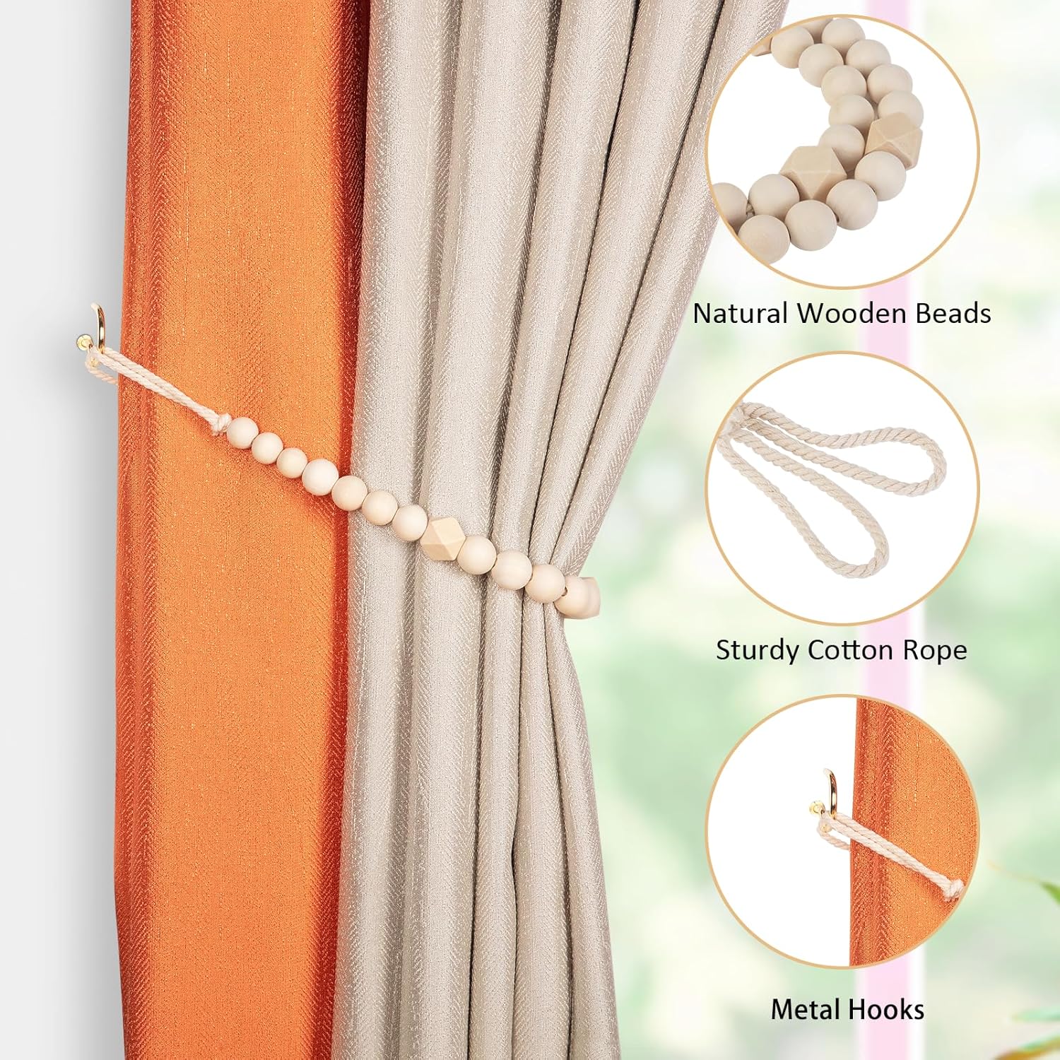 Wood Bead Curtain Tiebacks, KLOGTSIND Set of 2 Curtain Holdbacks for Thin or Thick Window Draperies, Boho Farmhouse Curtain Tiebacks with Hooks, Curtain Tie Backs for Home Office Room Decor