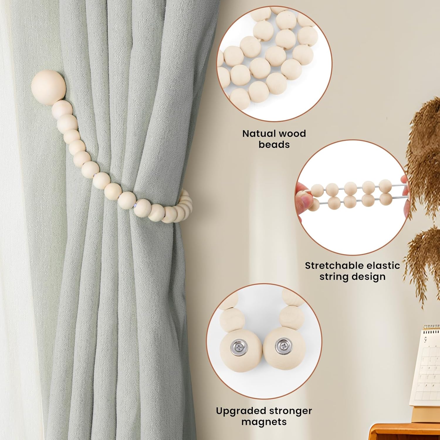 KLOGTSIND Magnetic Curtain Tiebacks, Curtain Holdbacks for Curtains 2 Pack, Wood Bead Curtain Holders for Boho Bedroom Decor, Baby Nursery Decor, Farmhouse Decor