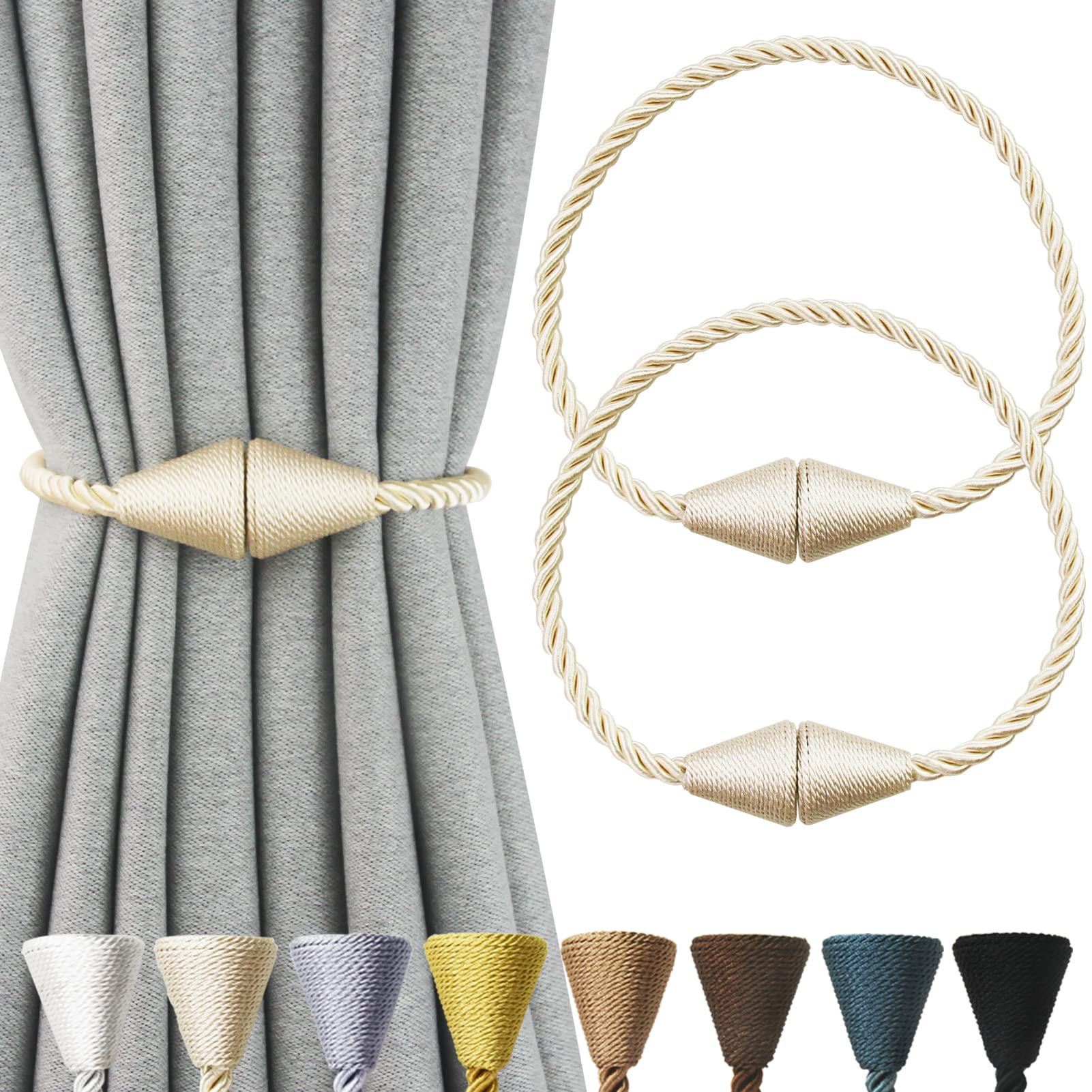 2 Pack Magnetic Curtain Tiebacks Rope Modern Handmade Curtain Tie Backs Decorative Drapes Weave Holdbacks for Window Décor, Khaki