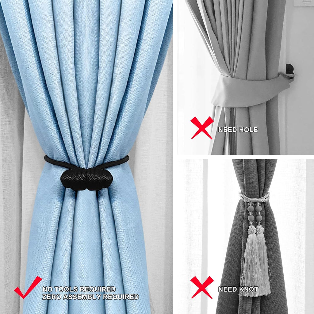 Tifanso Black Magnetic Curtain Tiebacks - 4pcs Decorative Curtain Tie Backs, No Drill Closure Drapery Tiebacks Holdbacks, Boho Drapes Straps Ropes for Bedroom, Bathroom, Farmhouse Decor