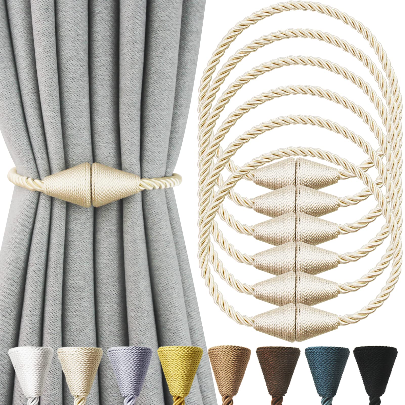 2 Pack Magnetic Curtain Tiebacks Rope Modern Handmade Curtain Tie Backs Decorative Drapes Weave Holdbacks for Window Décor, Khaki