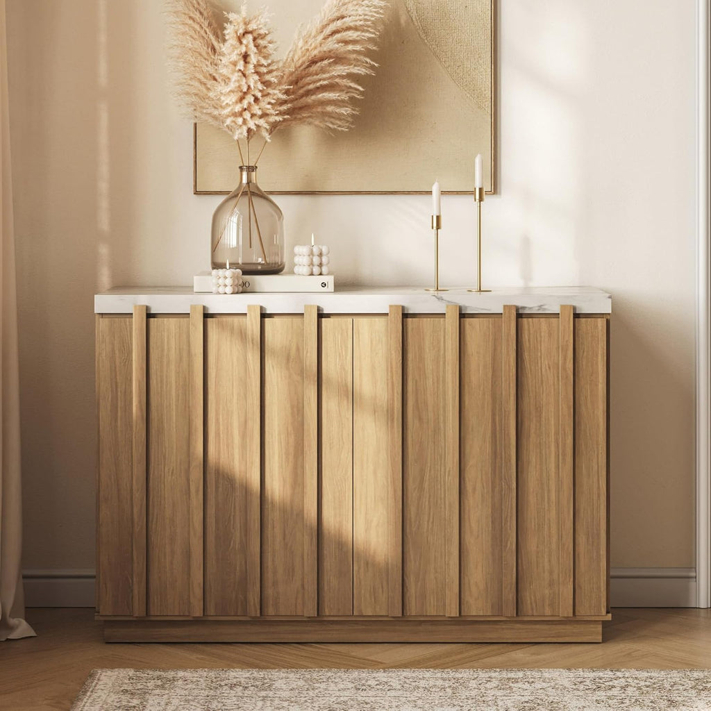 Camel 47" Fluted Buffet Cabinet with Faux Marble Top