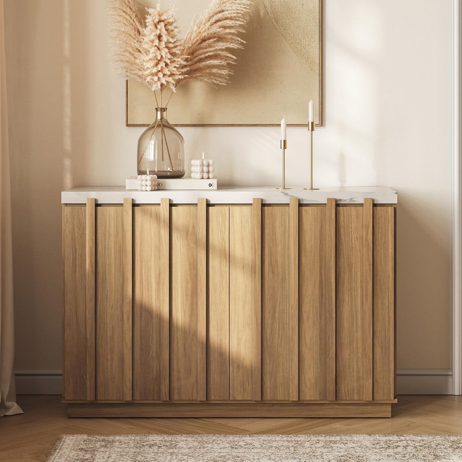 Camel 47" Fluted Buffet Cabinet with Faux Marble Top