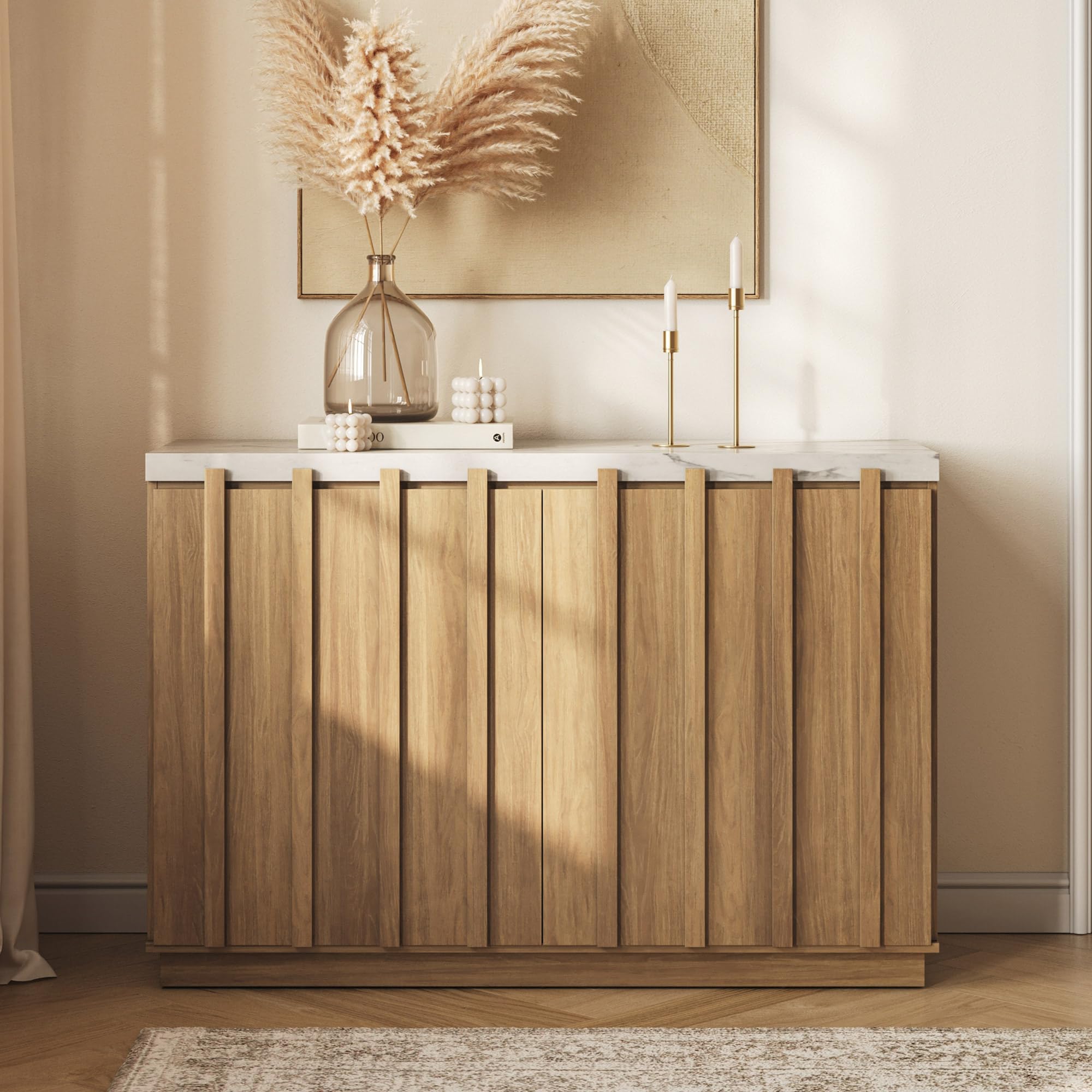 Camel 47" Fluted Buffet Cabinet with Faux Marble Top