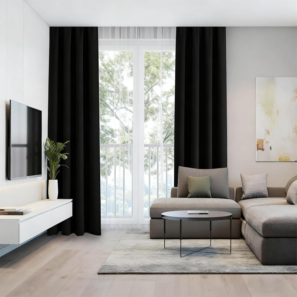 IGEMAEVE Black 100% Blackout Curtains 84 Inch Length 2 Panels Set, Black Out Curtains for Bedroom 84 Inch Long, Rod Pocket Energy Saving Room Darkening Drapes for Living Room Dining Room Window
