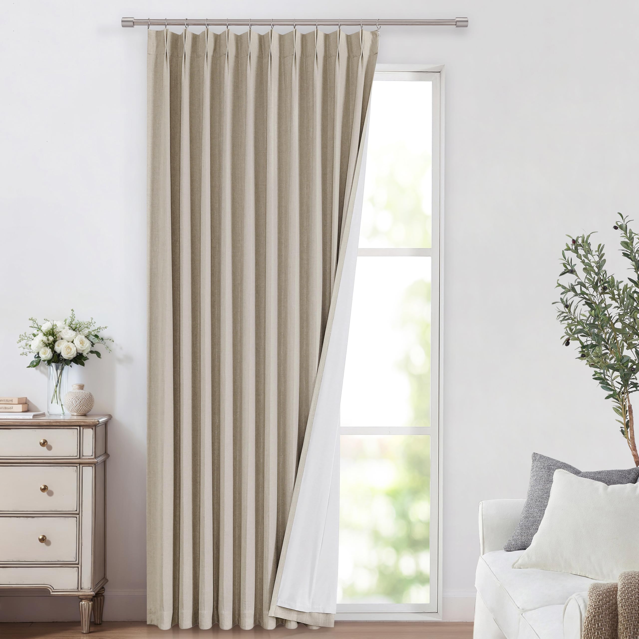 Vision Home Natural Pinch Pleated Full Blackout Curtains Linen Blended Room Darkening Window Curtains 90 inch for Living Room Bedroom Thermal Insulated Pinch Pleat Drapes with Hooks 2 Panel 40"Wx90"L