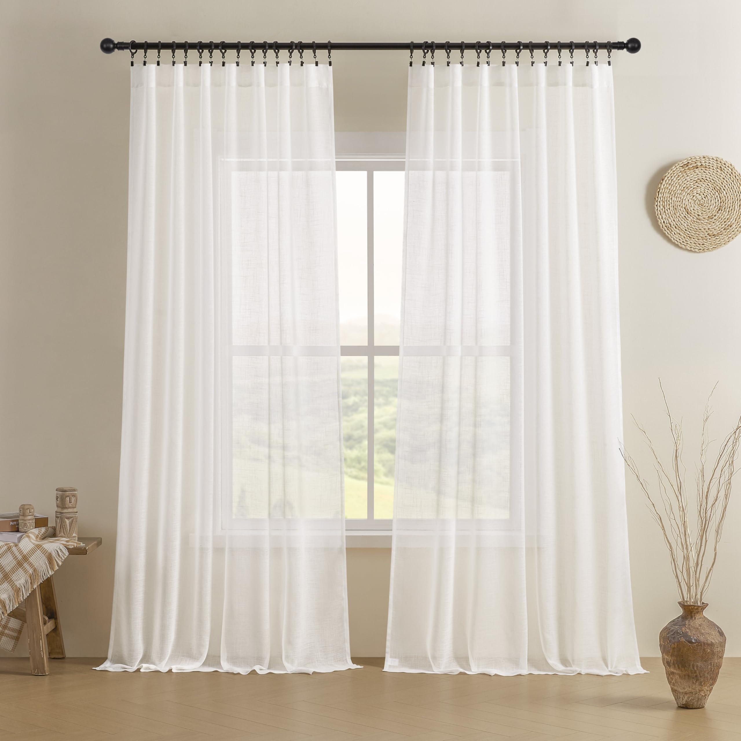 Joydeco Curtains, 108 Inches Long, 2 Panels Set, Farmhouse Drapes for Living Room, Semi-Blackout, Linen-Polyester, Ivory on Linen, Rod Pocket