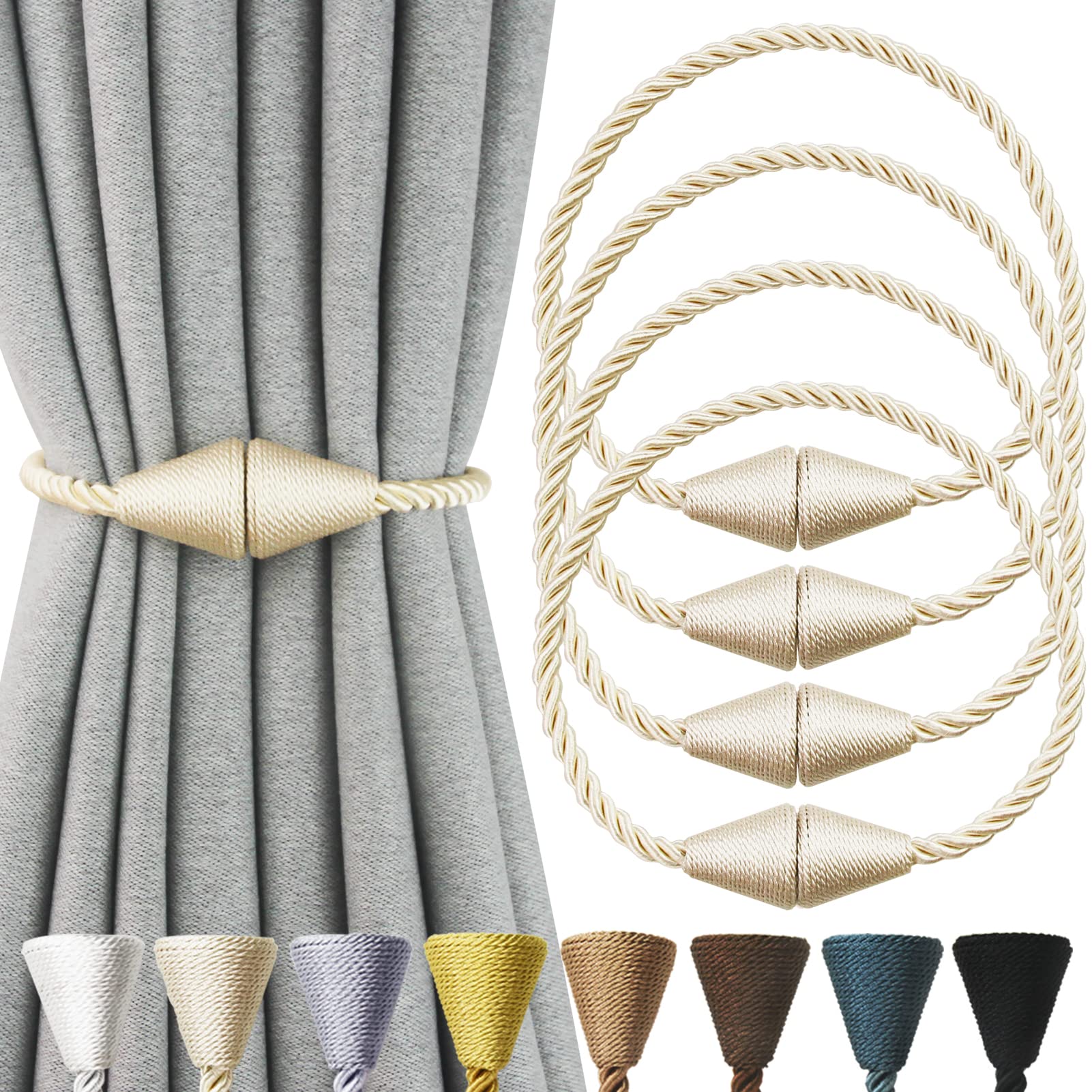 2 Pack Magnetic Curtain Tiebacks Rope Modern Handmade Curtain Tie Backs Decorative Drapes Weave Holdbacks for Window Décor, Khaki