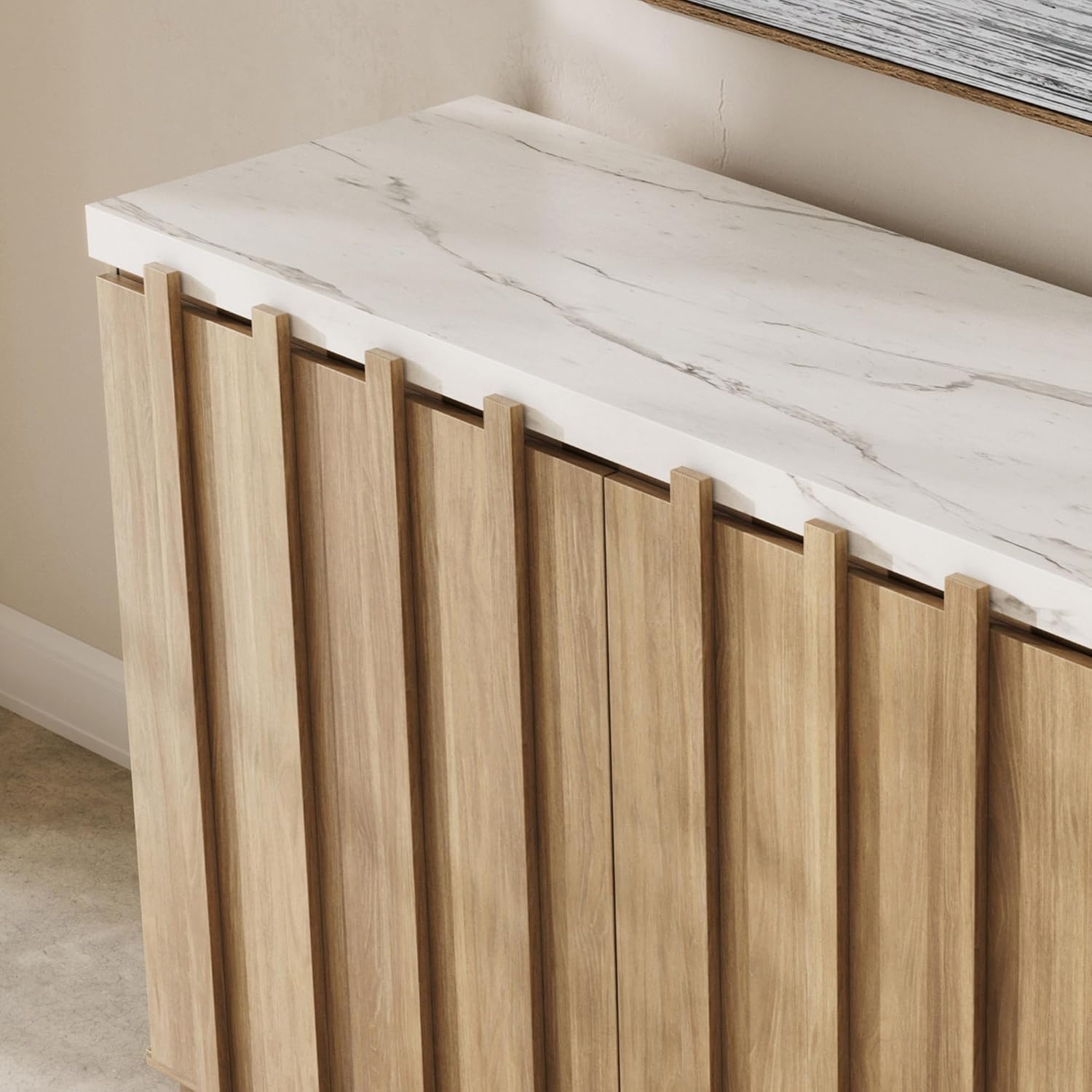 Camel 47" Fluted Buffet Cabinet with Faux Marble Top