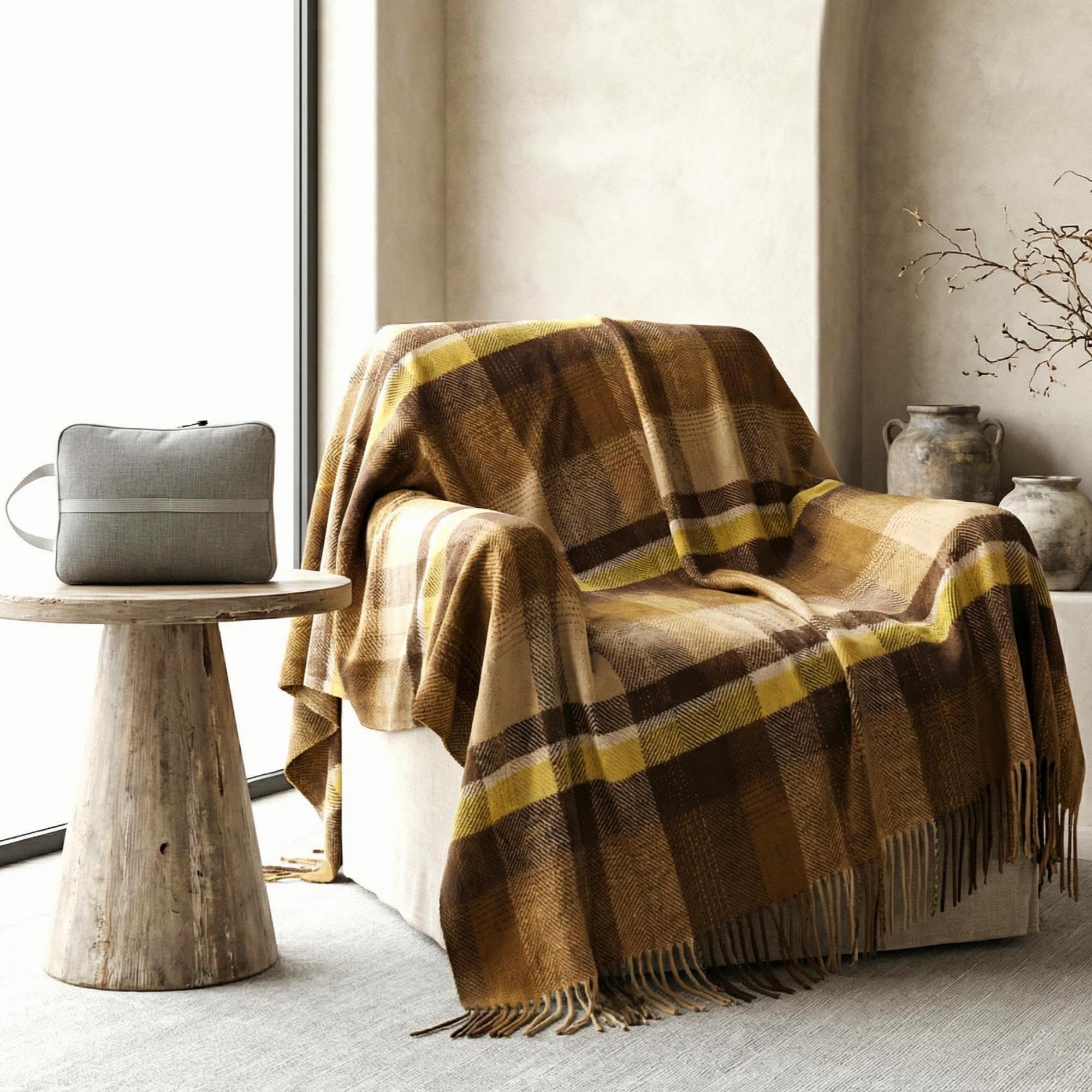 Soft Pure Wool Throw Blanket, Lightweight Warmth, 55"x83", Plaid, Fringe, Compact with Bag, Useful Gift for Women Men, All Season Decorative Cozy Travel Blanket for Couch Bed, Outdoors