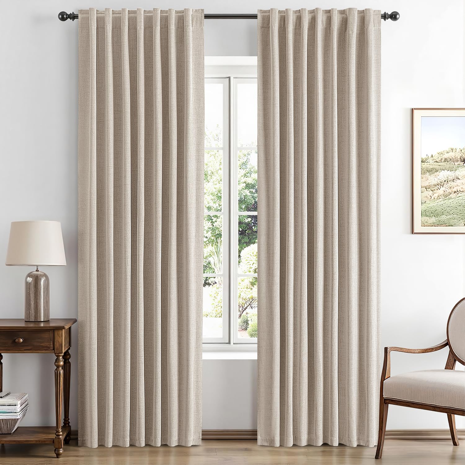 MIULEE 100% Blackout Linen Curtains for Bedroom, Ivory Solid Luxury Decor Thermal Insulation Room Darkening Drapes for Living Room Nursery Back Tab Rod Pocket 42 x 84 Inches, 2 Panels