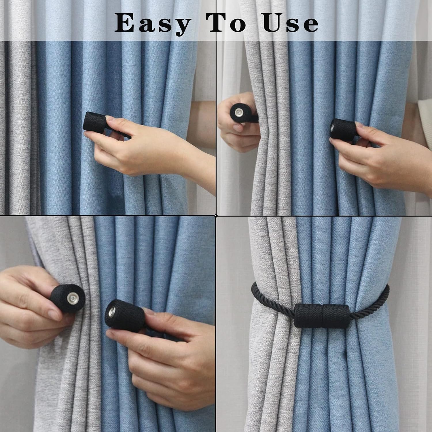2 Pack Black Magnetic Rope Curtain Tiebacks