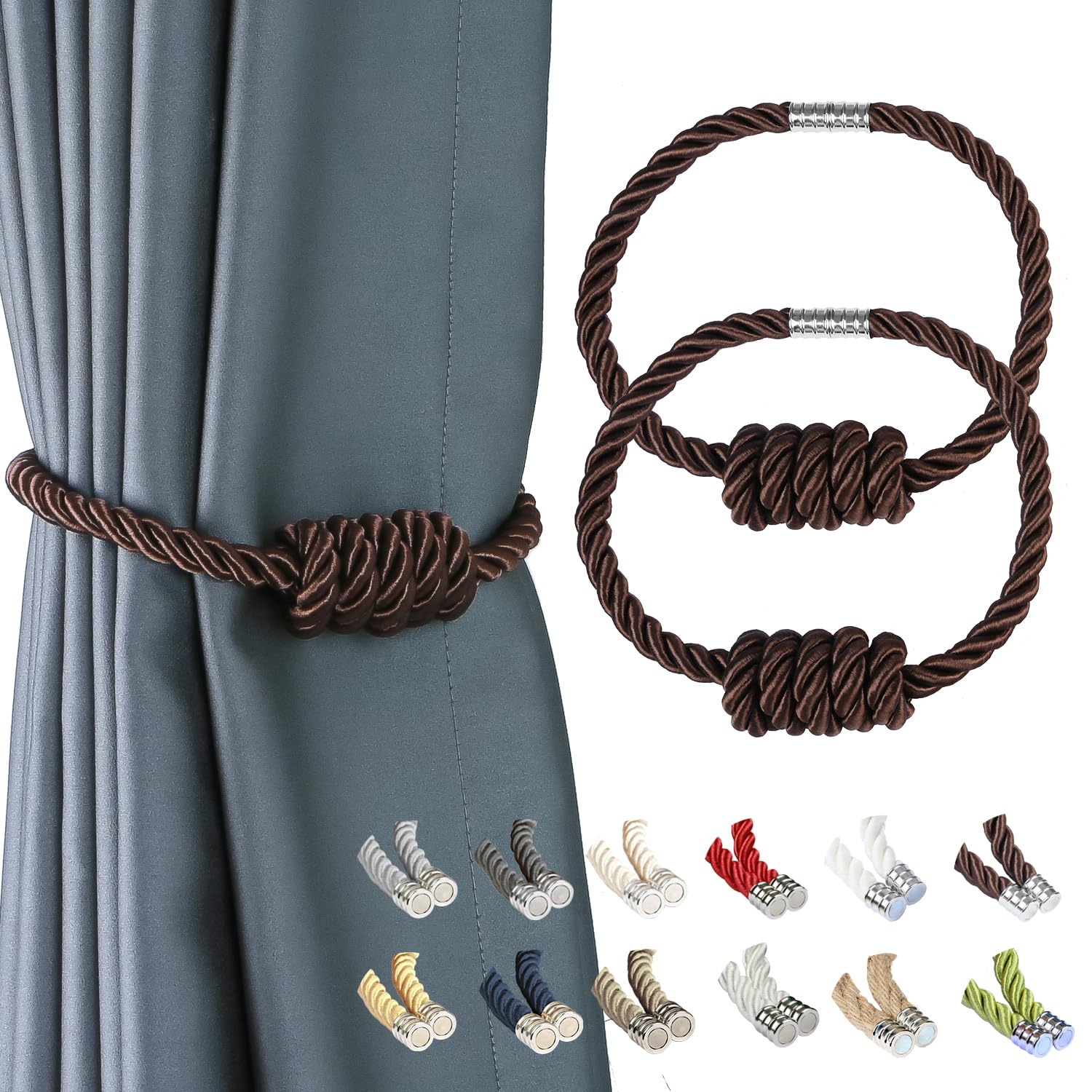 BEL AVENIR Magnetic Jute Curtain Tiebacks, Decorative Drapery Holdbacks Bohemian Style Woven Tie-Backs with Exquisite Knot (Jute, 2 Pack)