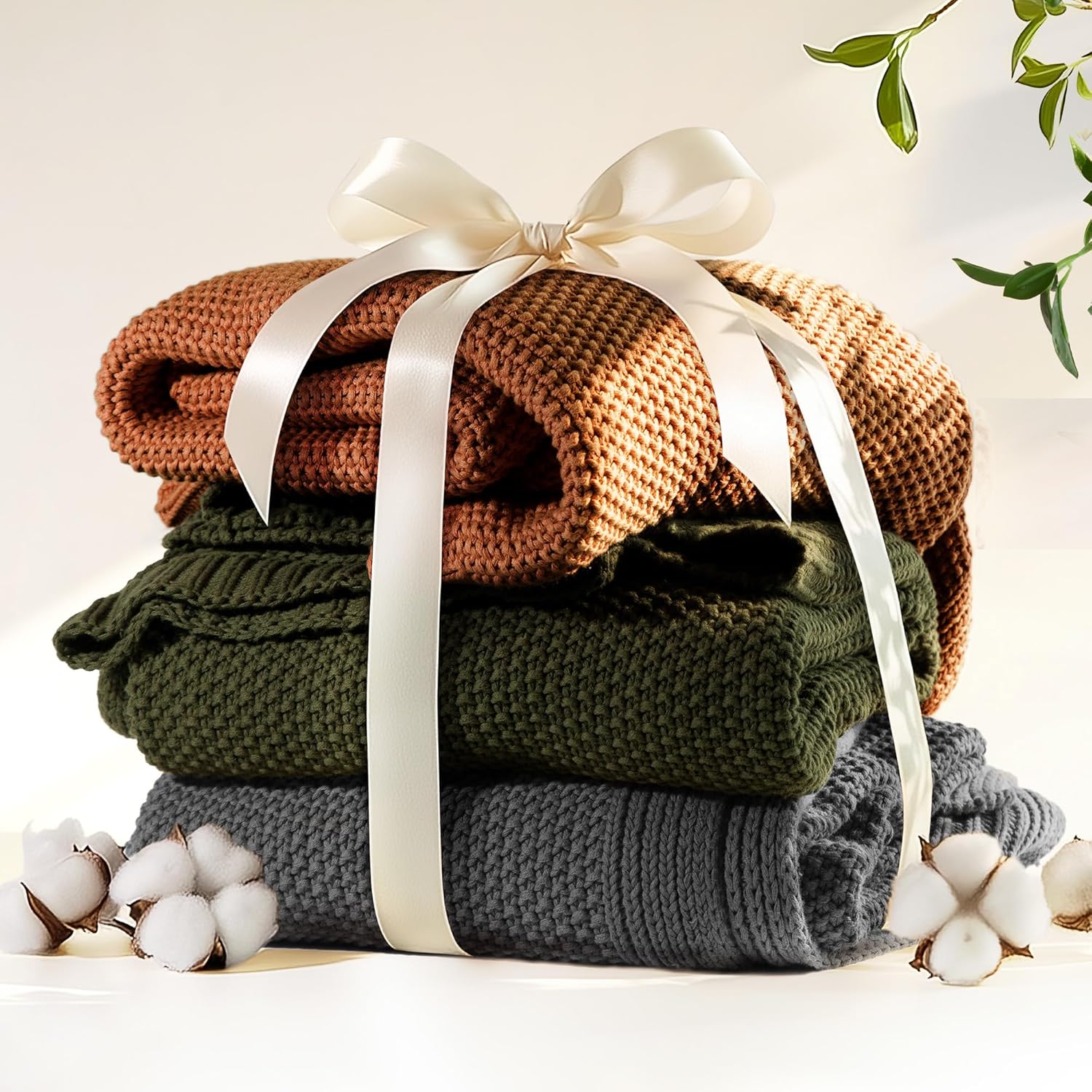 Olive Green Cable Knit Cotton Throw Blanket 50×60 Inch