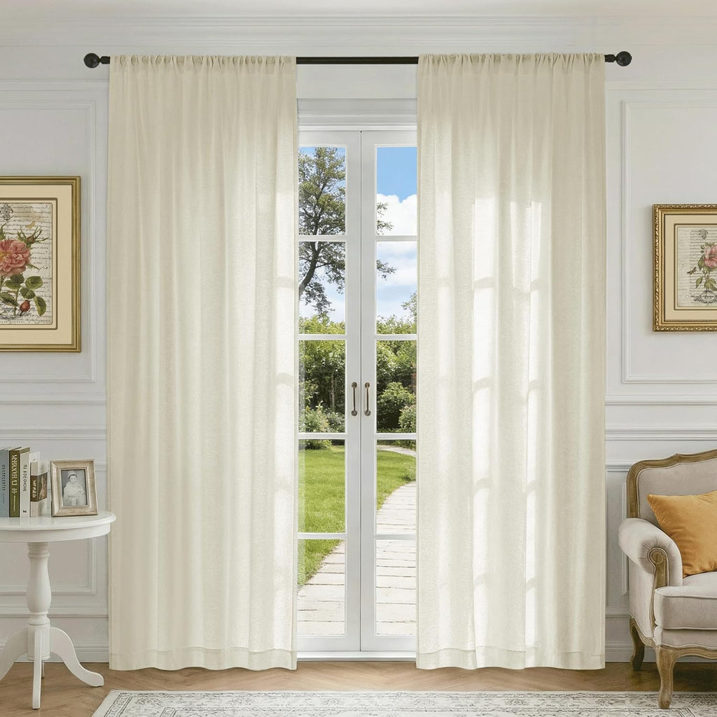 Beauoop Beige Semi Sheer Curtains 84 Inches Long for Living Room, Floral Jacquard Voile Light Filtering Privacy Curtains for Bedroom Dining Room Flower Textured Rod Pocket Window Drapes, 2 Panels